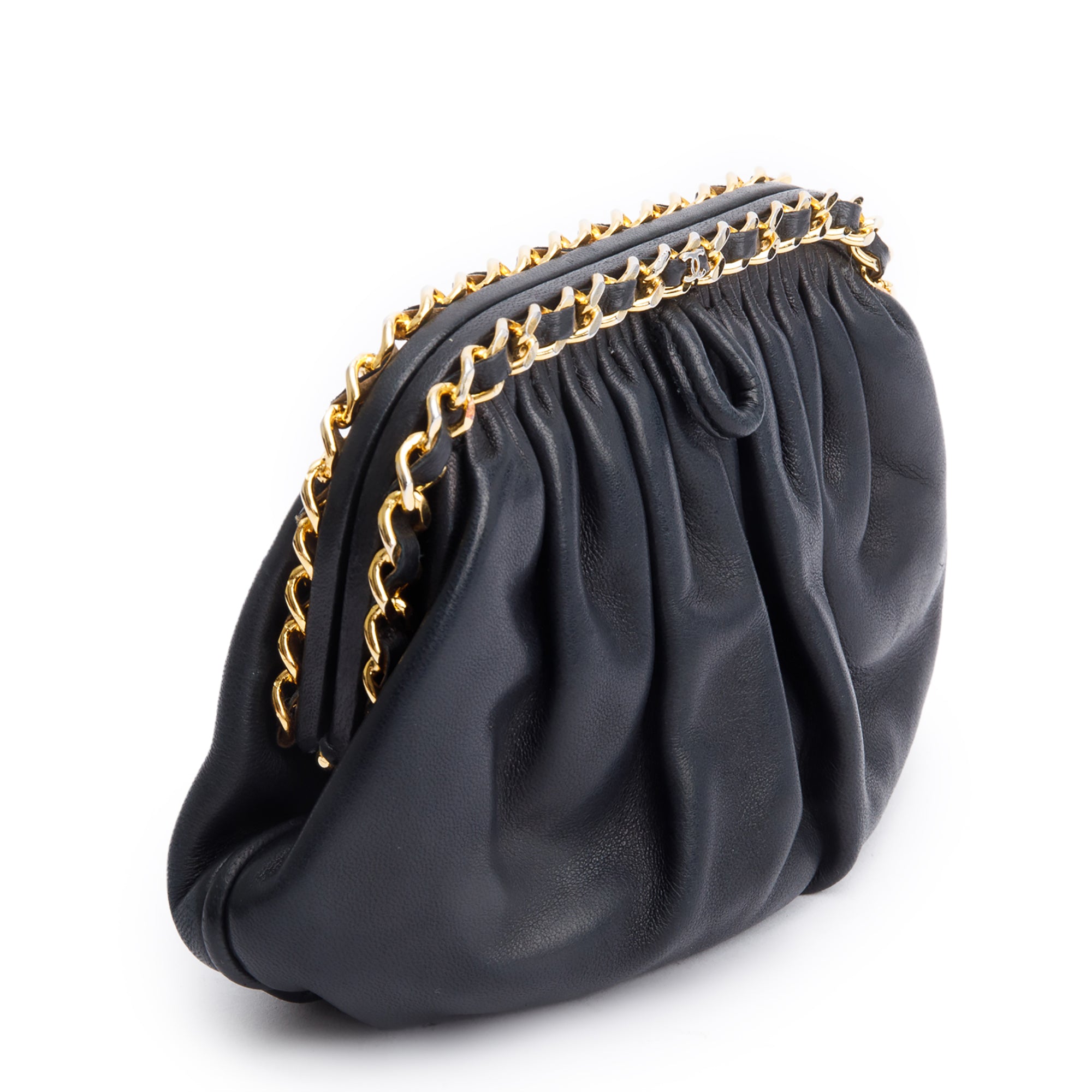 Chanel Black Lambskin Leather Chain-Link Frame Clutch Crossbody