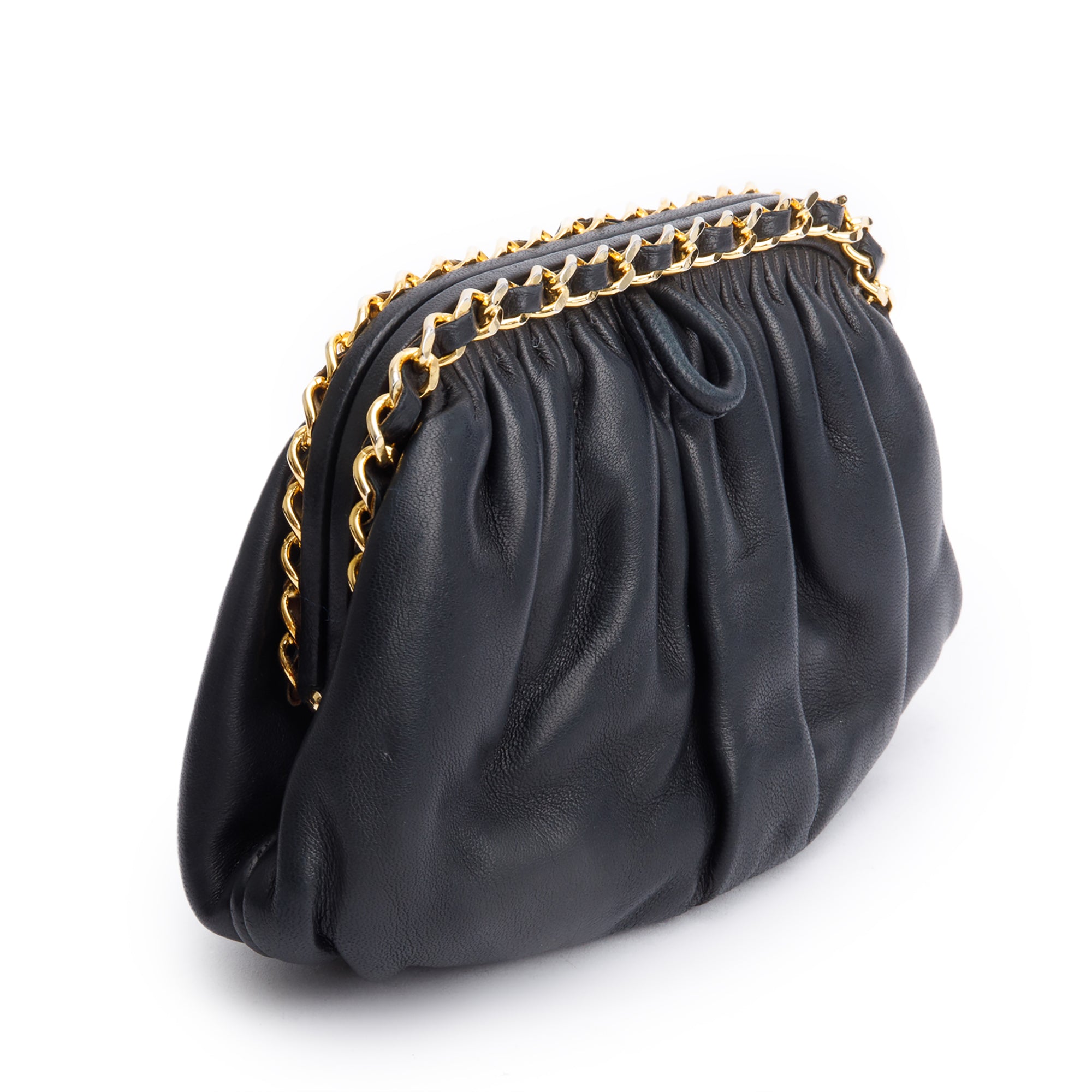 Chanel Black Lambskin Leather Chain-Link Frame Clutch Crossbody