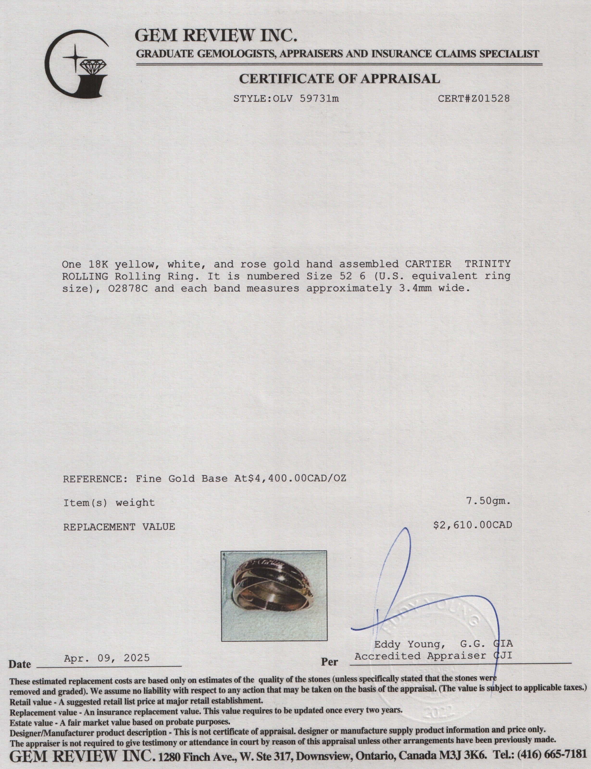 Cartier 18k Tri-Gold Vintage Le must de Cartier Trinity Rolling Ring, Size 52 6 w/ Box