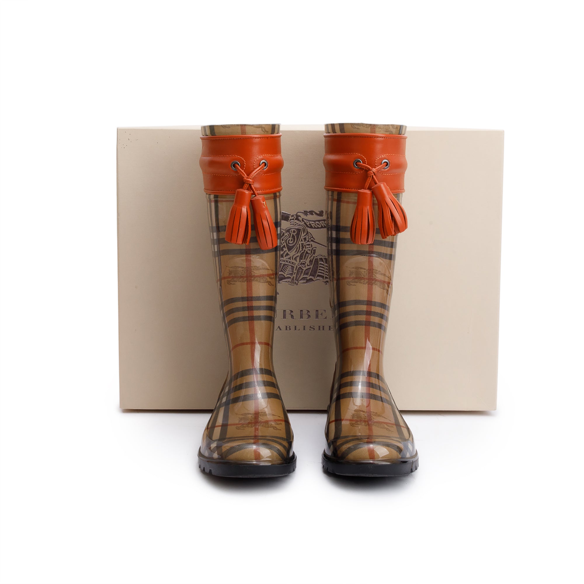 Burberry Wharton Haymarket Check Rubber Tassel Rain Boots, Size 38 w/ Box