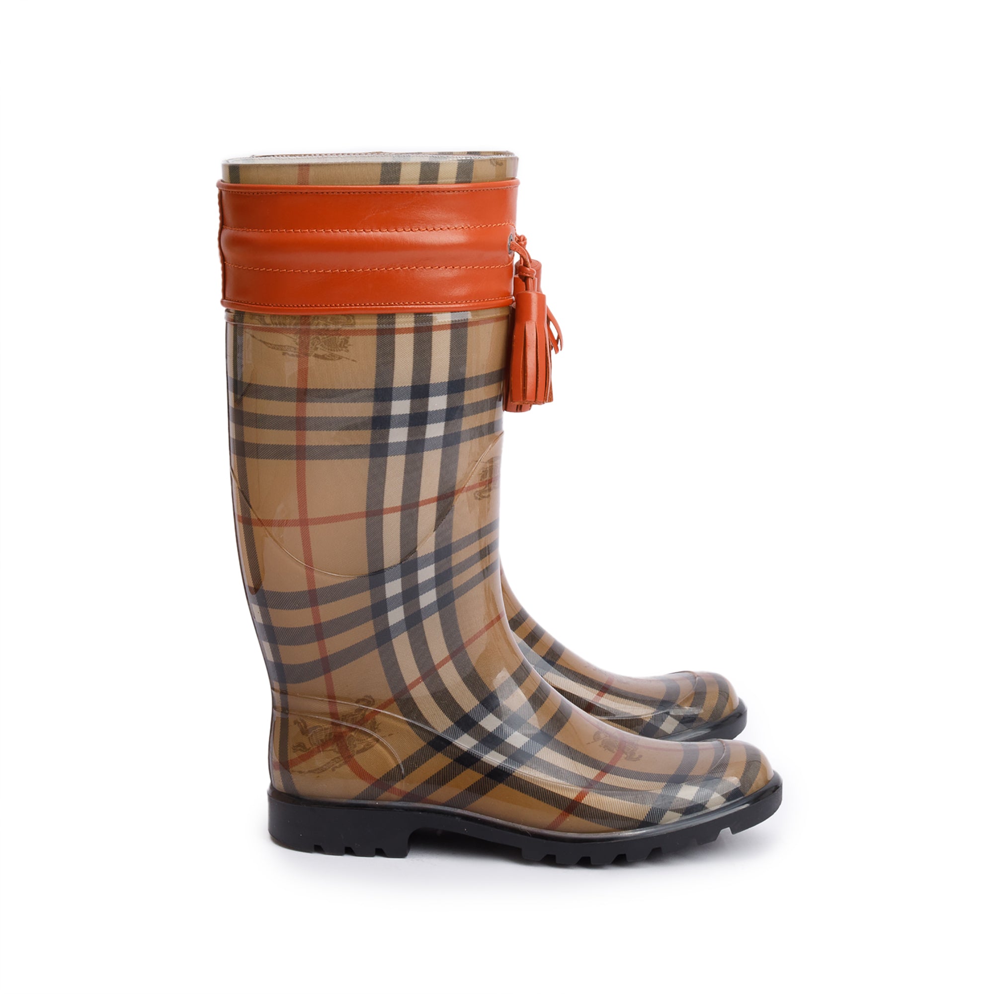Burberry Wharton Haymarket Check Rubber Tassel Rain Boots, Size 38 w/ Box