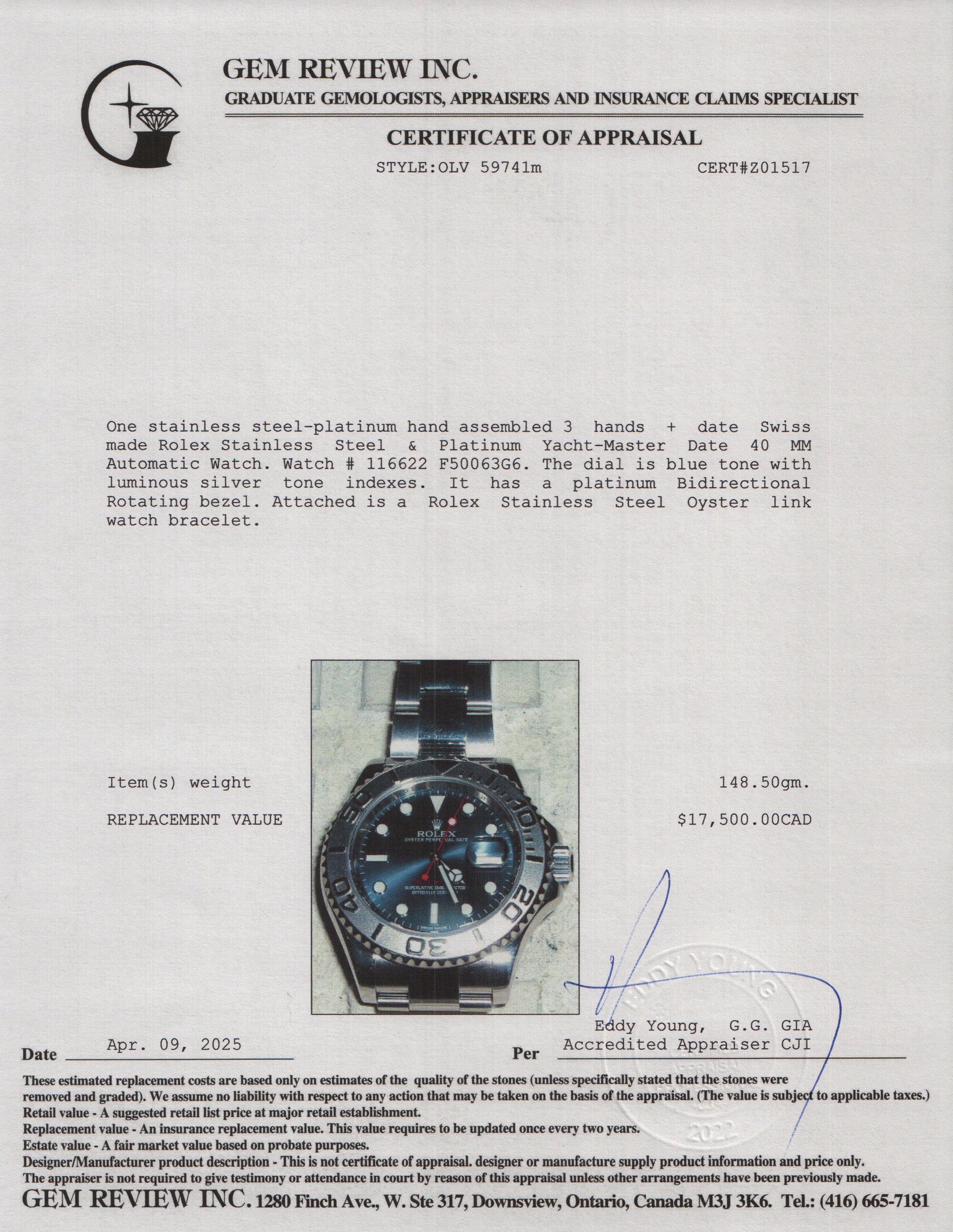 Rolex Stainless Steel & Platinum Yacht-Master Date 40 MM Automatic Watch Blue Dial 116622 w/ Box & Papers