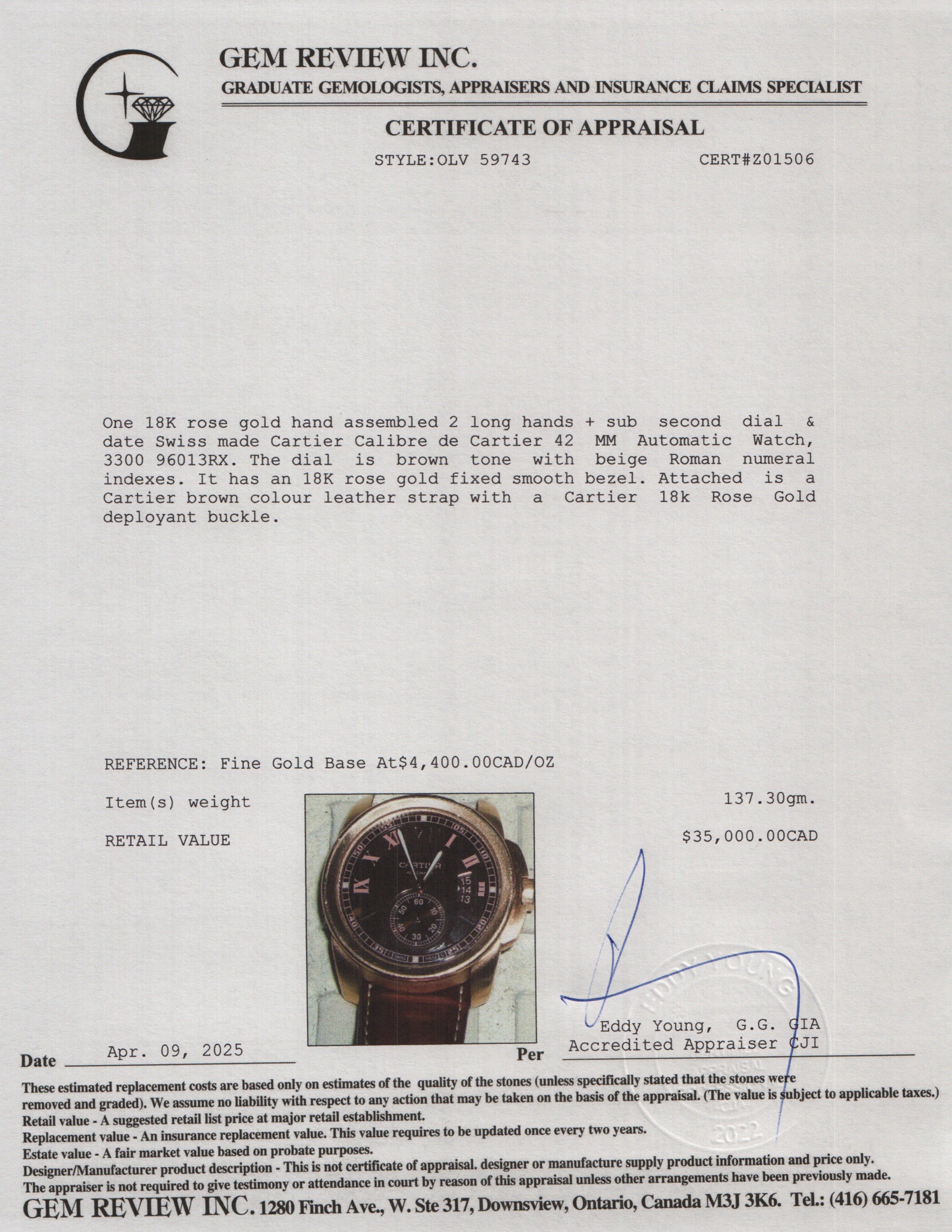 Cartier 18k Rose Gold Calibre de Cartier 42 MM Automatic Watch