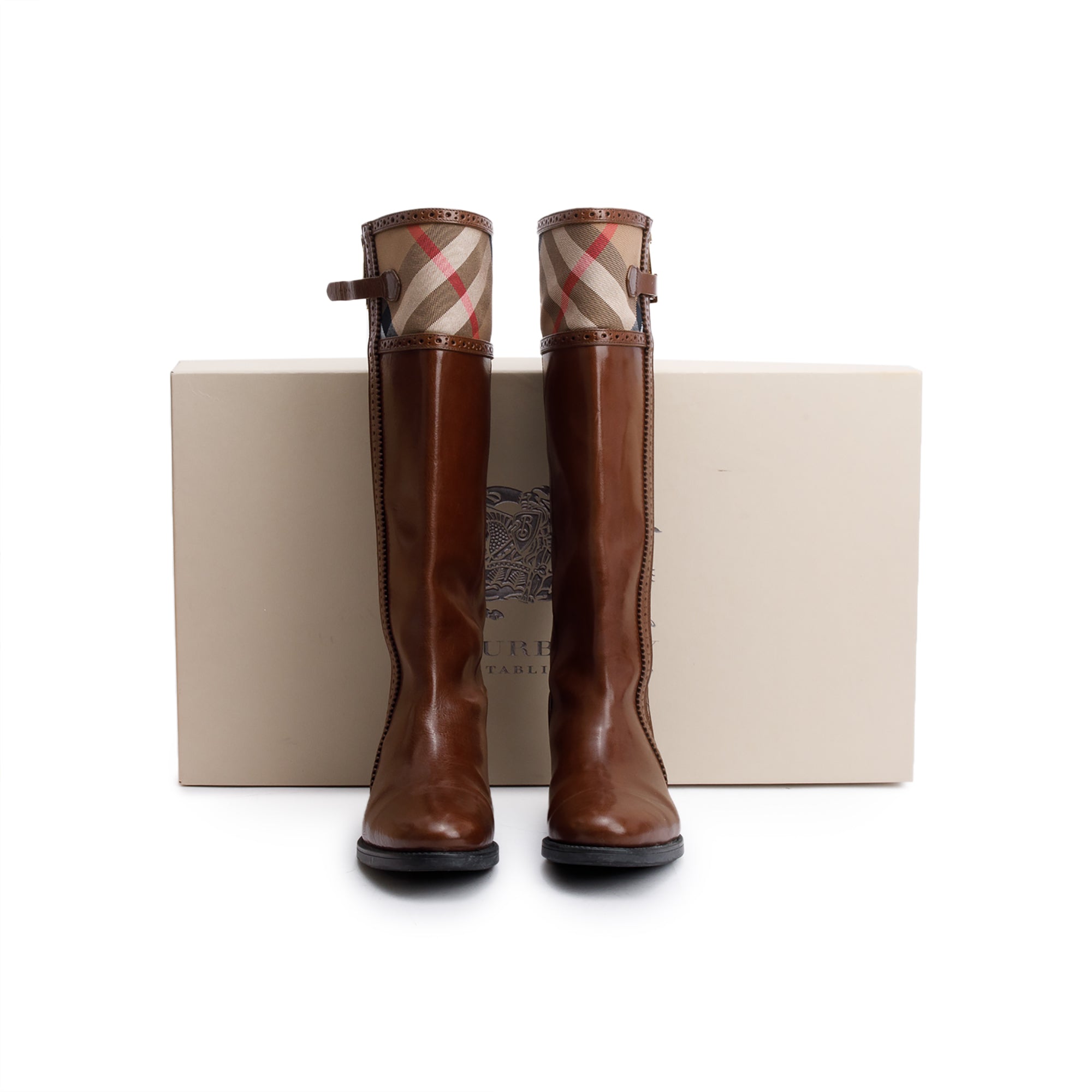 Burberry Brown Bridle Brogue House Check Colville High Boots, Size 38.5 w/ Box