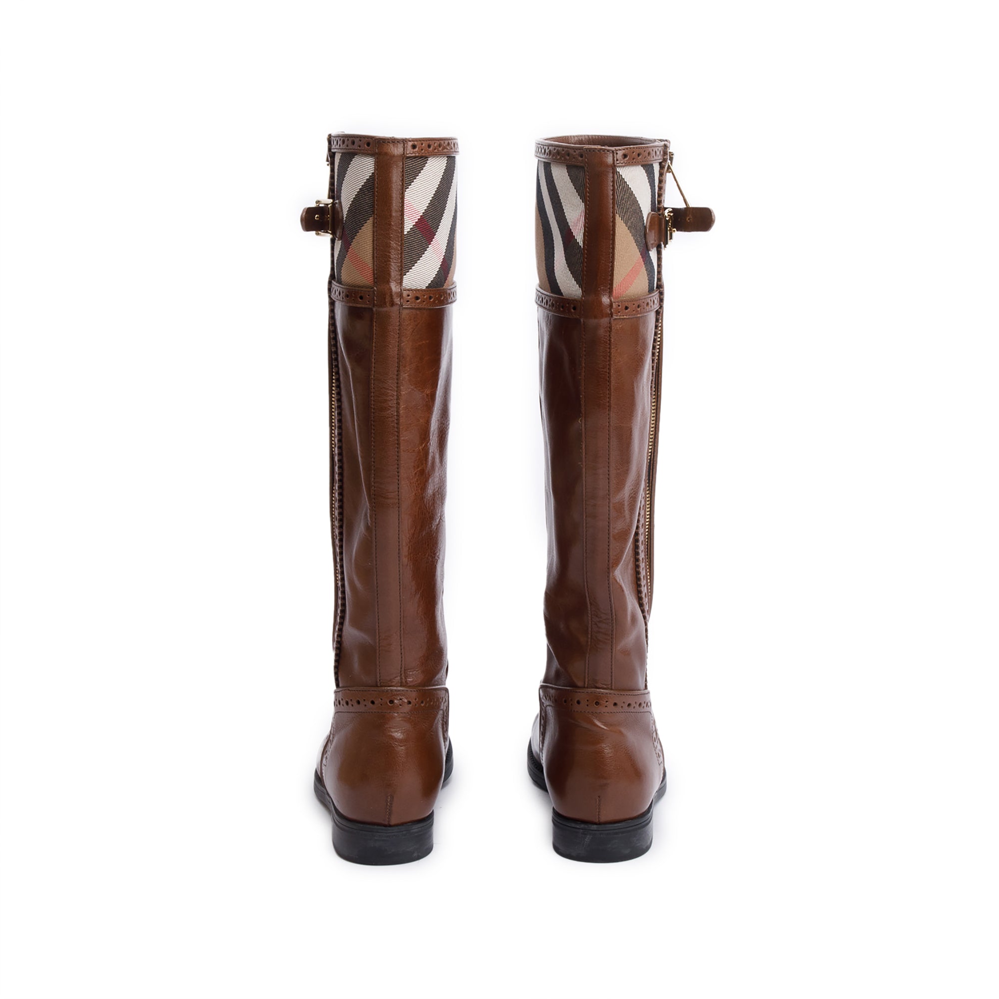 Burberry Brown Bridle Brogue House Check Colville High Boots, Size 38.5 w/ Box