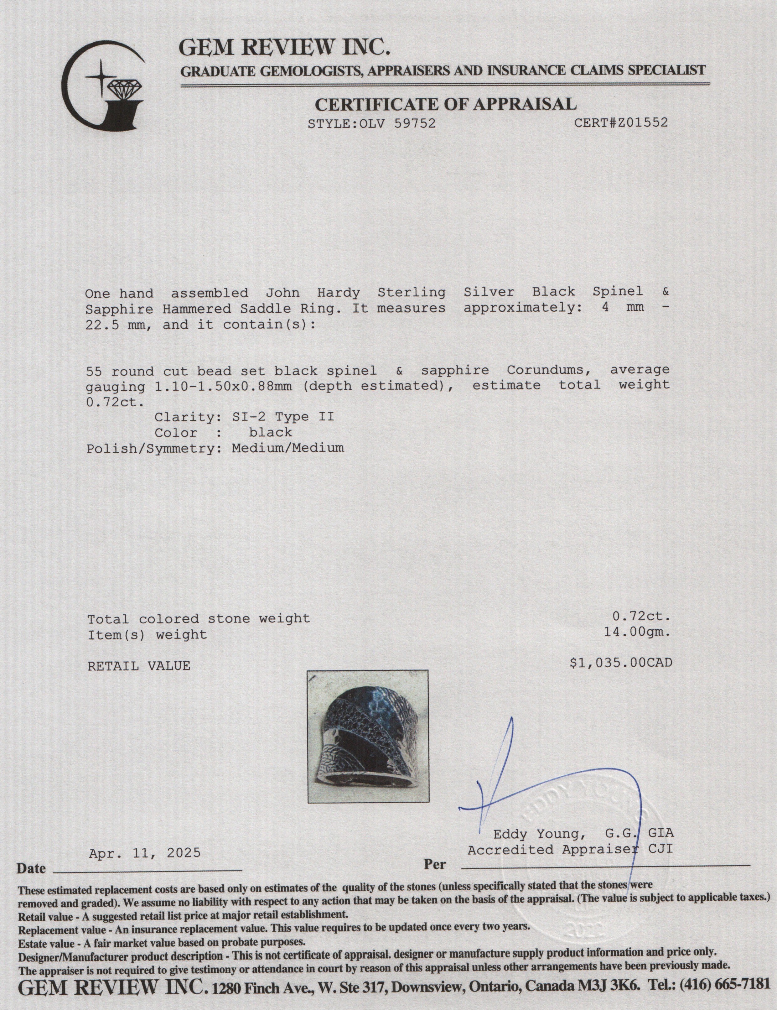 John Hardy Sterling Silver Black Spinel & Sapphire Hammered Saddle Ring, Size 8