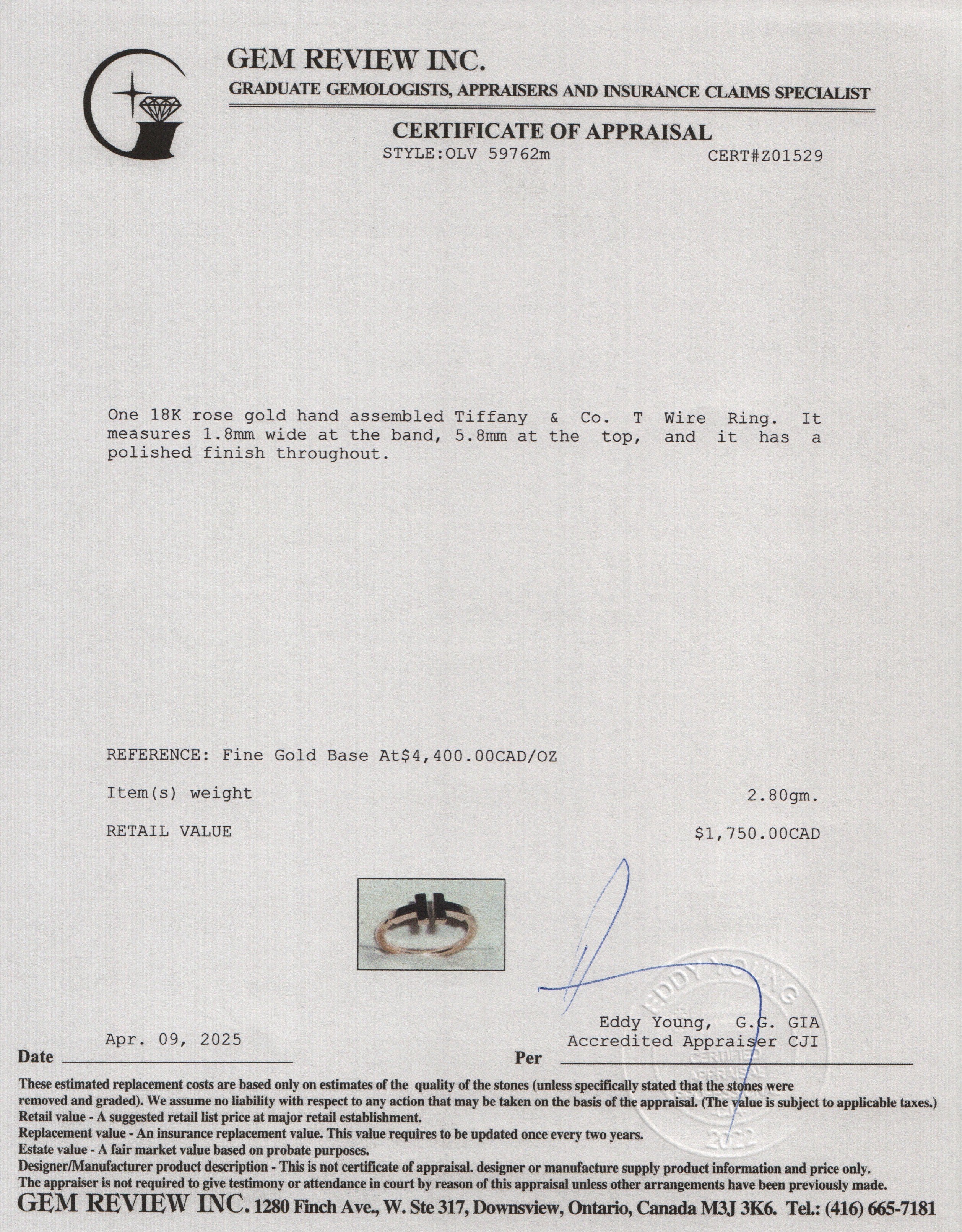 Tiffany & Co. 18k Rose Gold T Wire Ring, Size 4.5