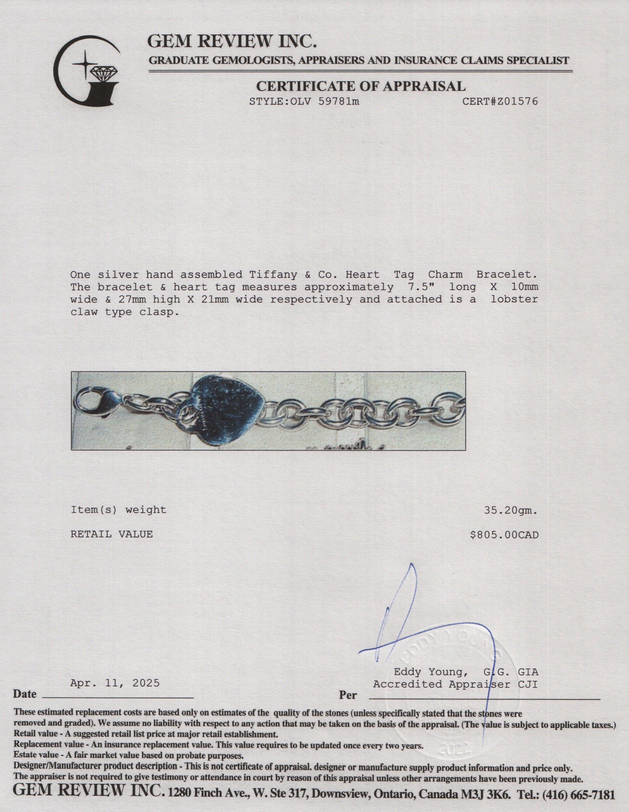 Tiffany & Co. Sterling Silver Heart Tag Charm Bracelet