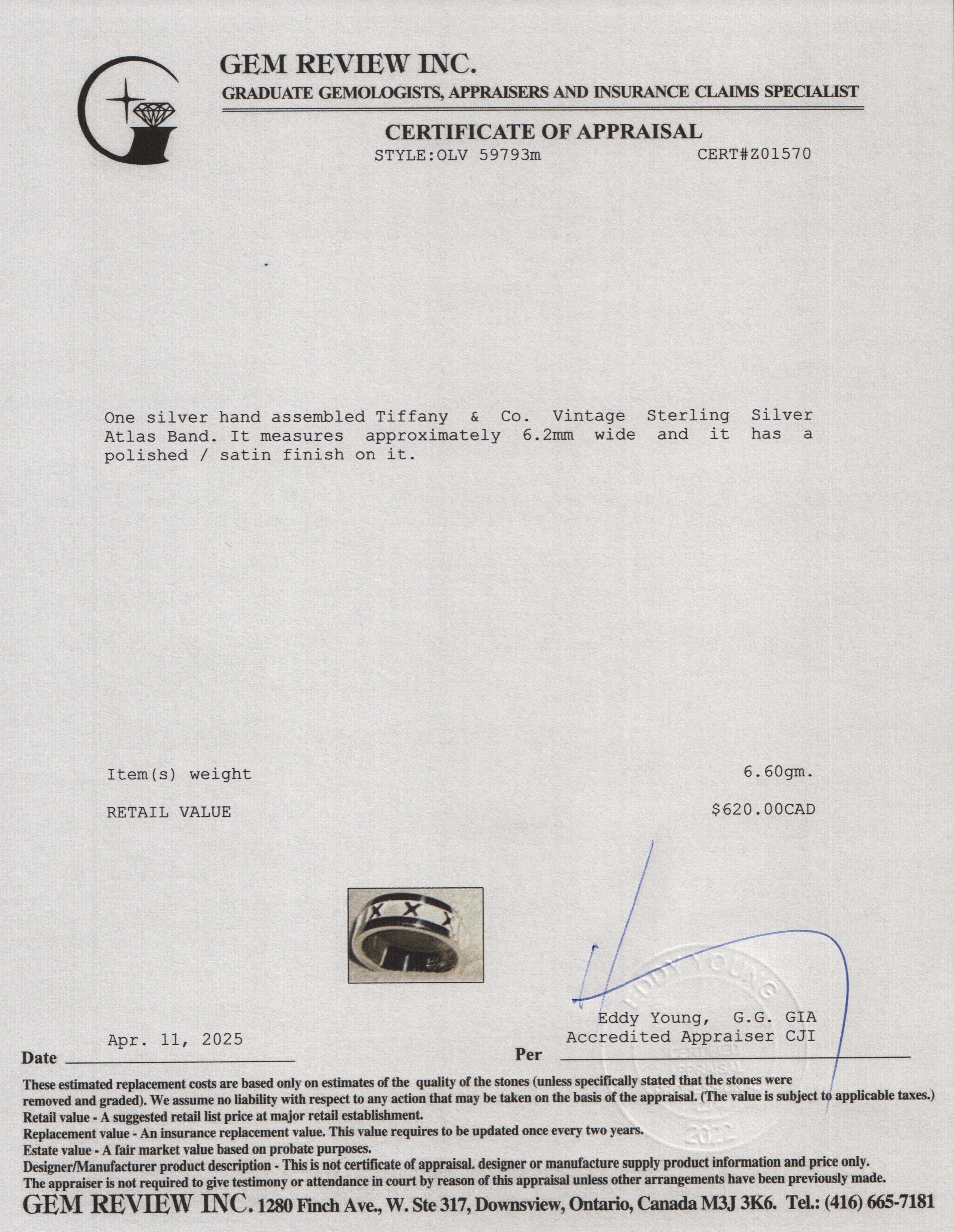 Tiffany & Co. Vintage Sterling Silver Atlas 6 MM Band, Size 7.5