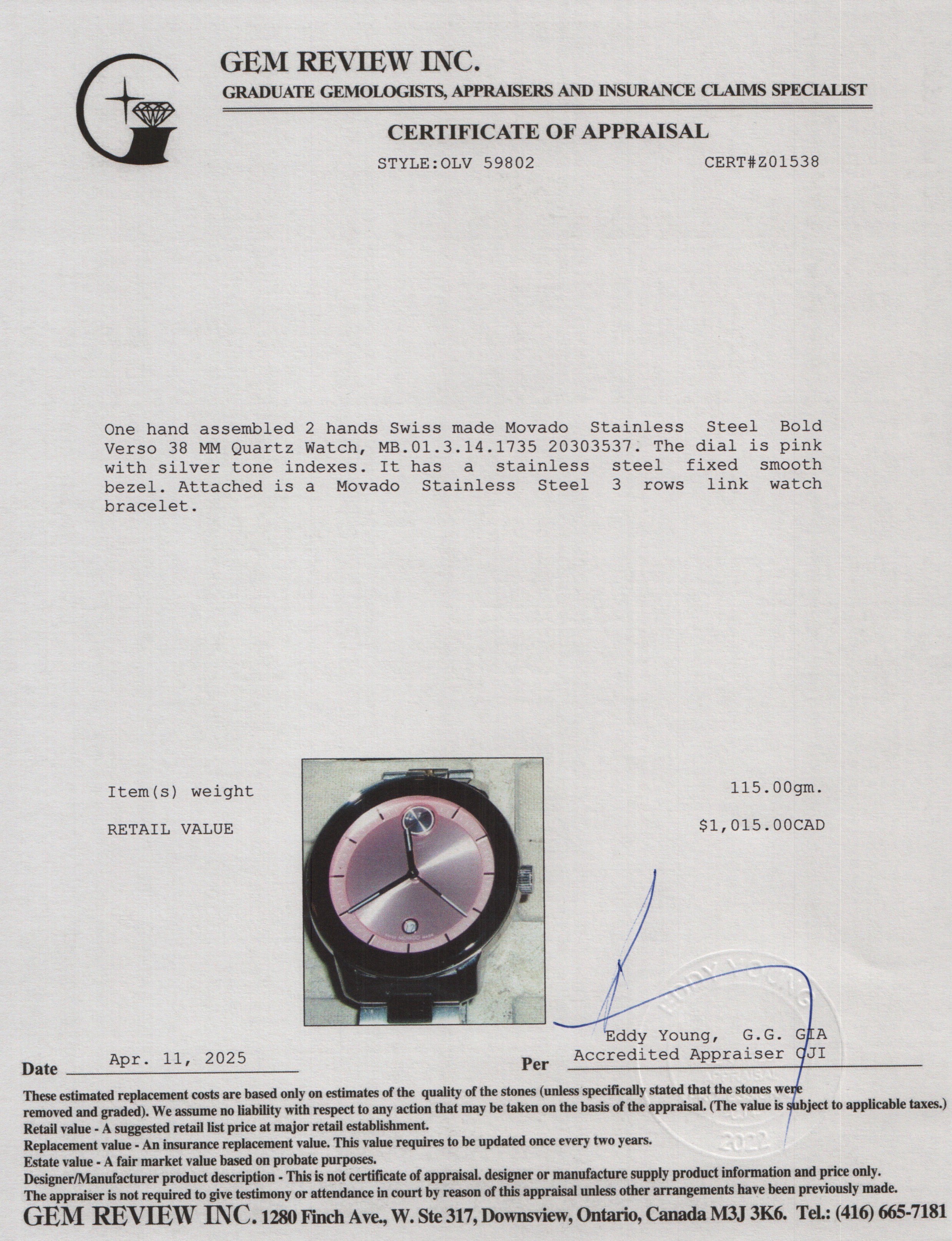 Movado Stainless Steel Bold Verso 38 MM Quartz Watch Pink Dial