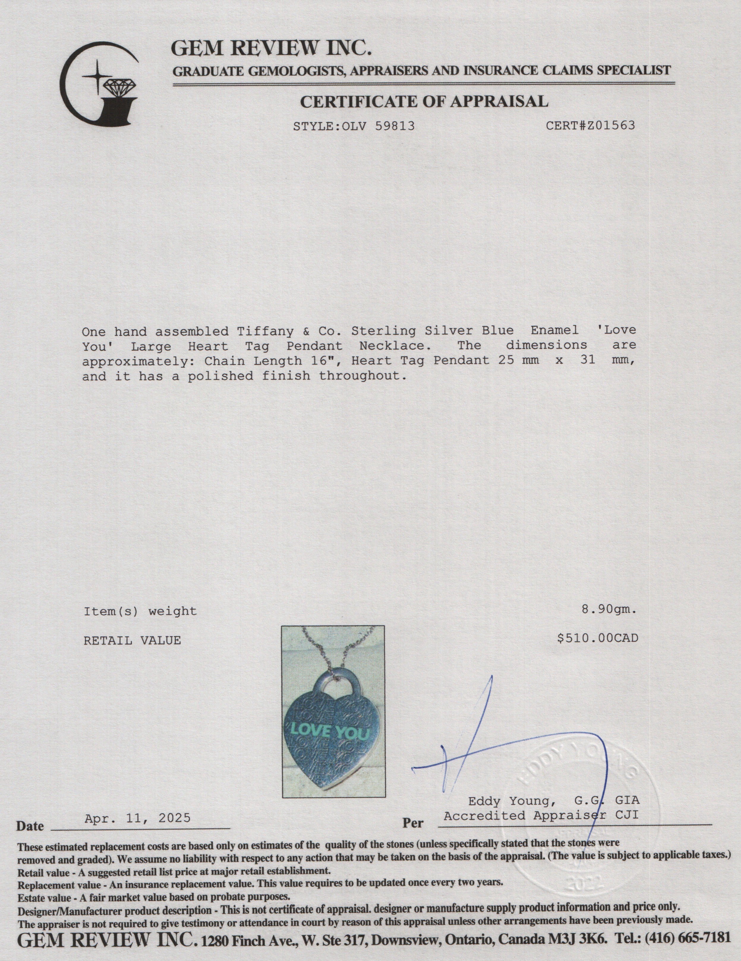 Tiffany & Co. Sterling Silver Blue Enamel 'Love You' Large Heart Tag Pendant Necklace