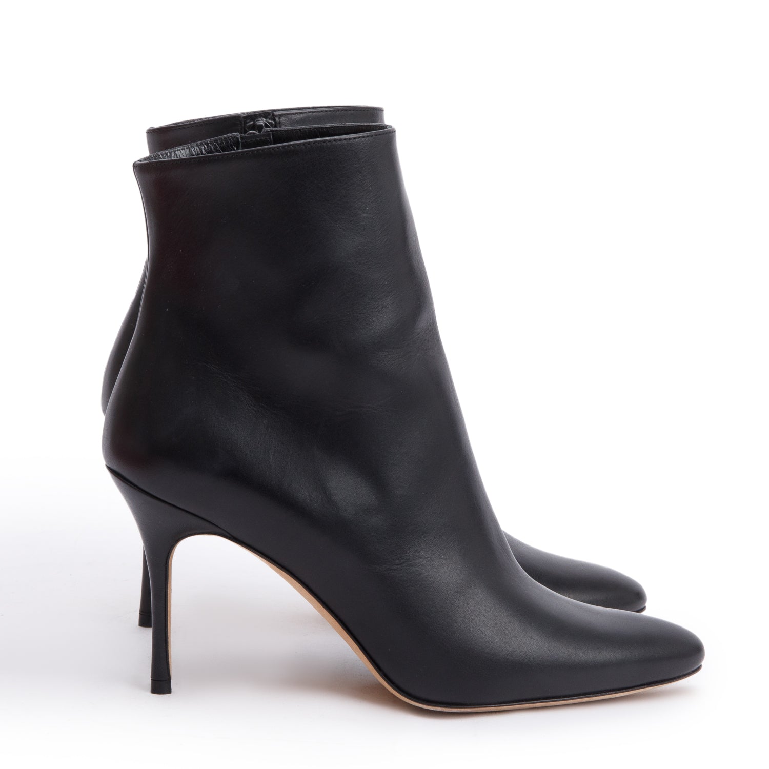 Manolo Blahnik Black Calfskin Leather Pointed Toe Ankle Boots, Size 37.5