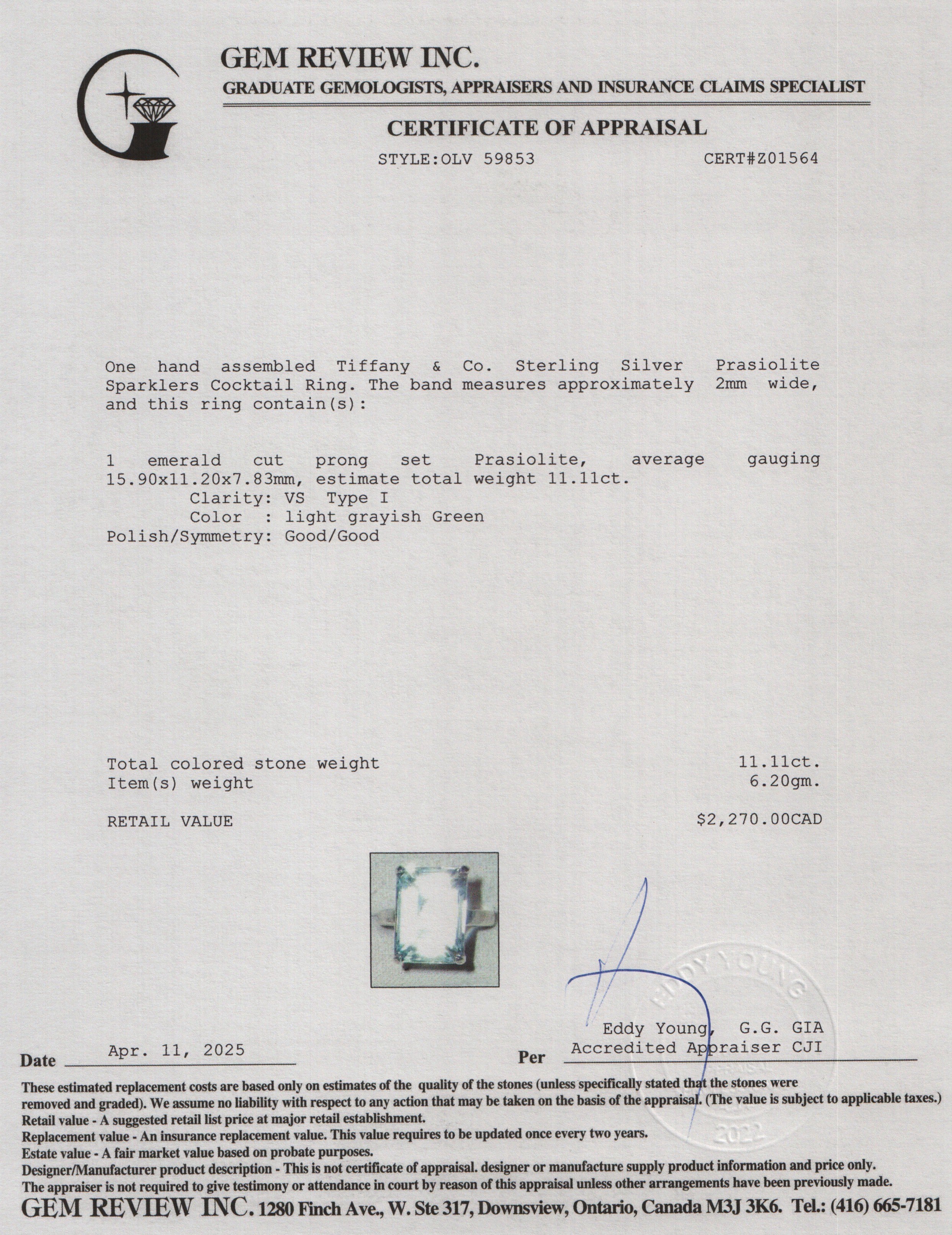 Tiffany & Co. Sterling Silver Prasiolite Sparklers Cocktail Ring, Size 6