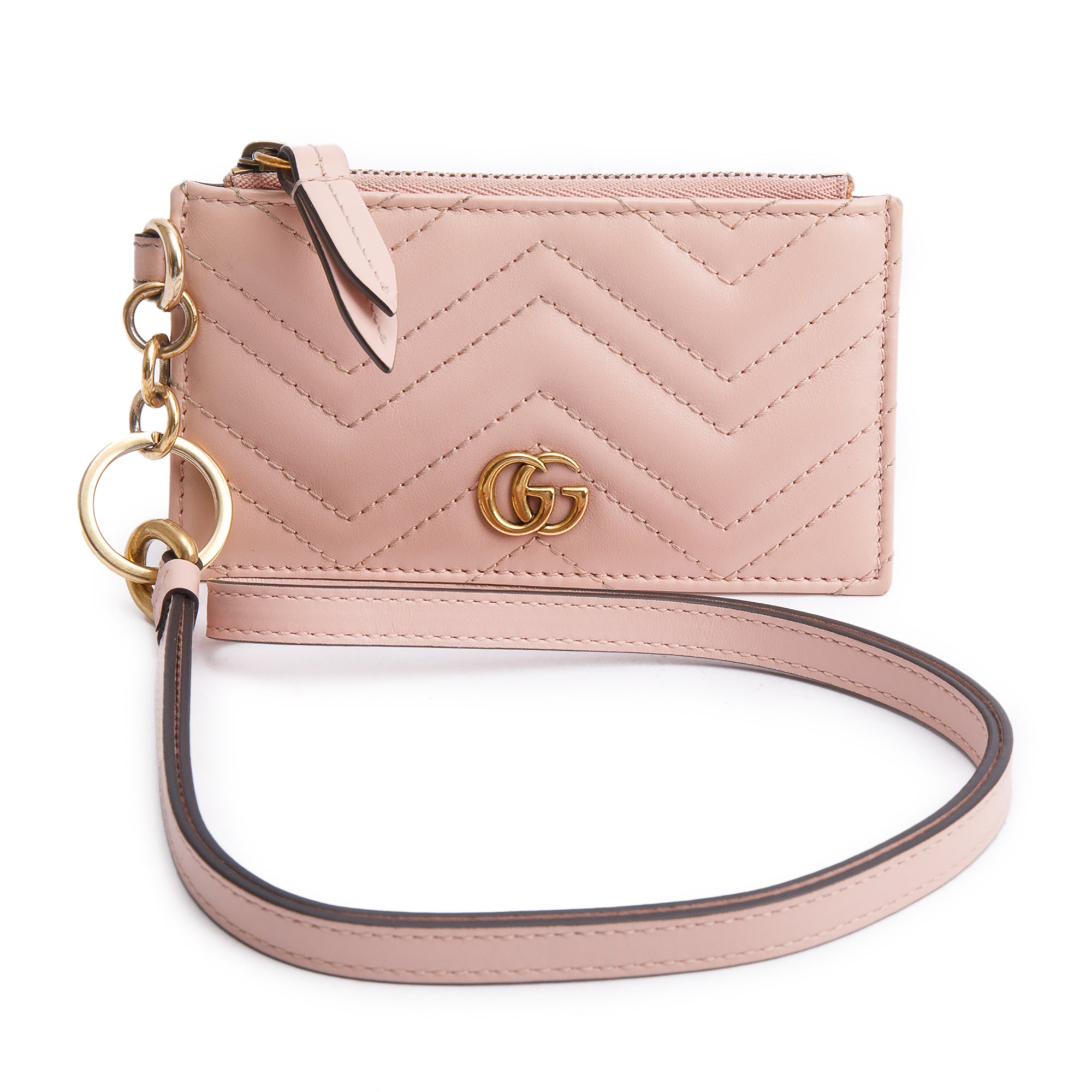 Gucci Pink Calfskin Leather GG Marmont Coin Case Card Holder Wristlet w/ Box