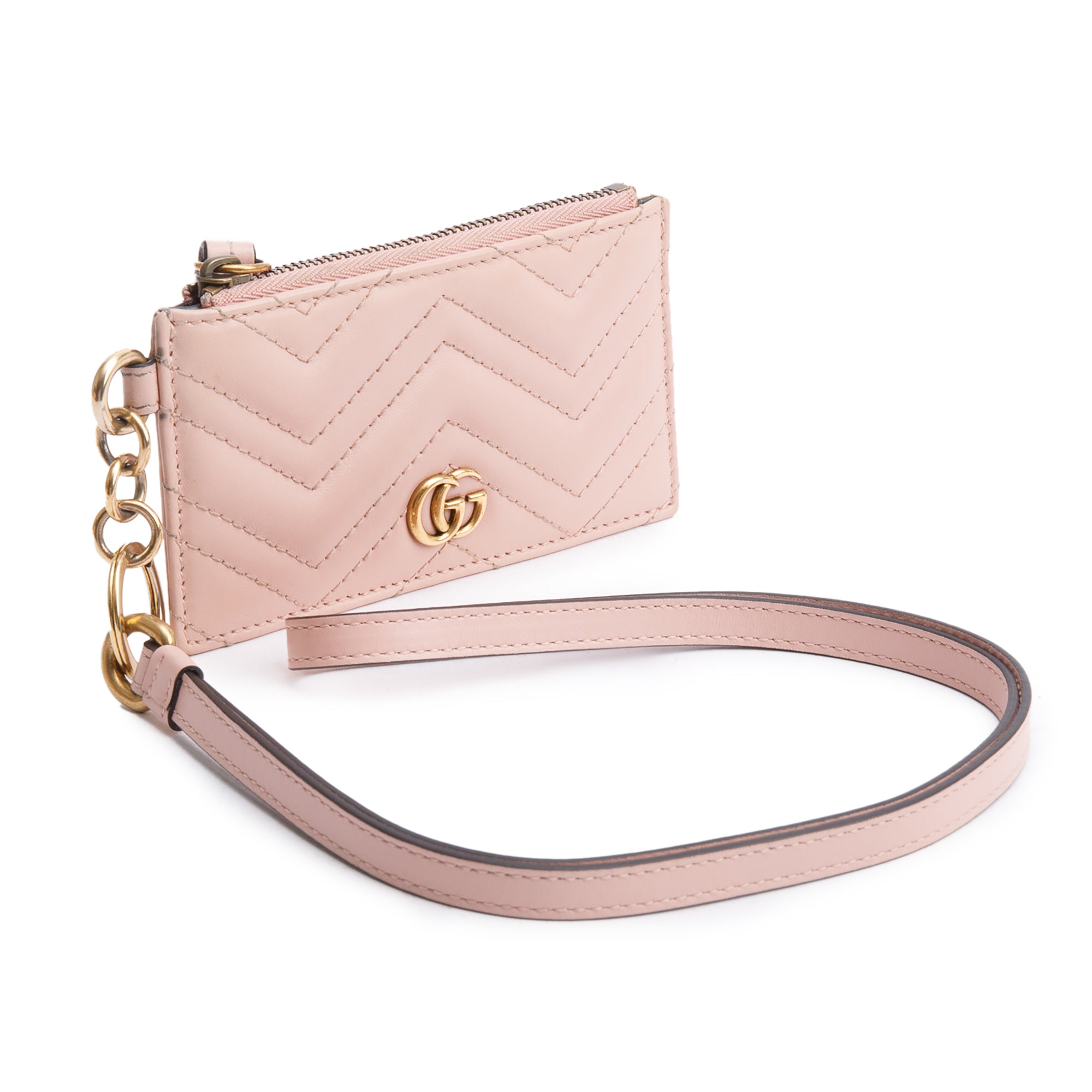 Gucci Pink Calfskin Leather GG Marmont Coin Case Card Holder Wristlet w/ Box