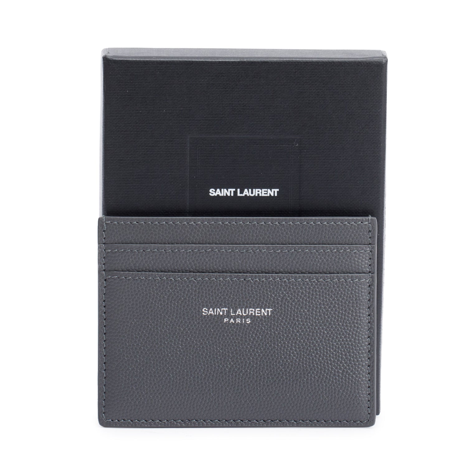 Saint Laurent 2022 Grey Grain de Poudre Leather Paris Credit Card Case w/ Box