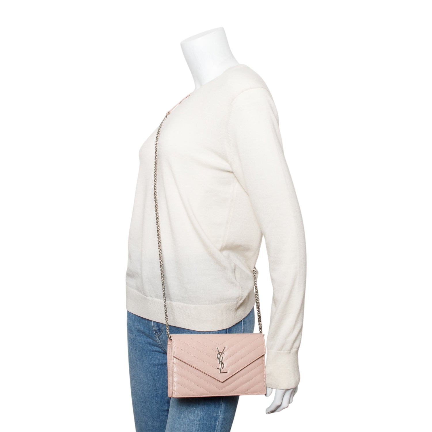 Saint Laurent Pink Cassandre Matelasse Envelope Chain Wallet