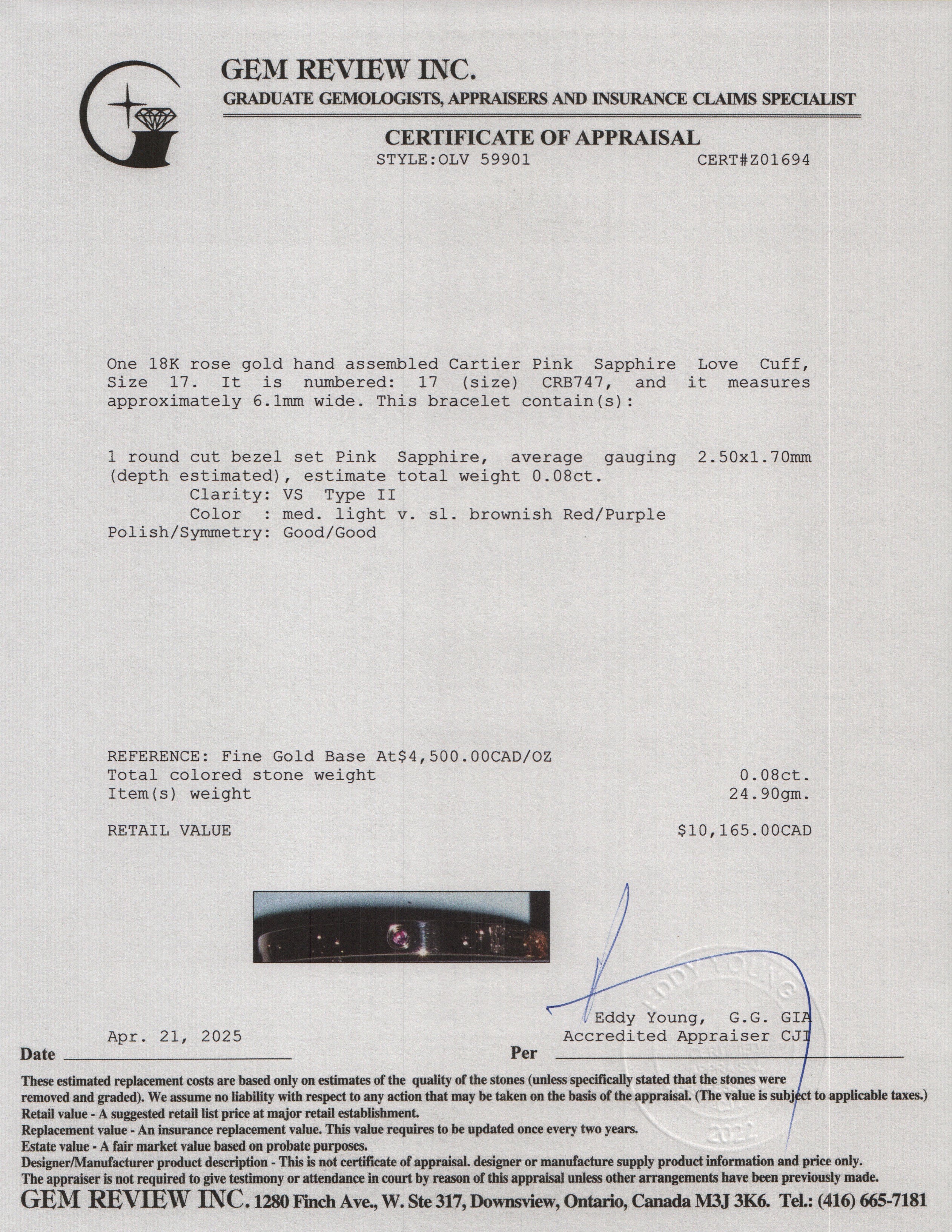 Cartier 18k Rose Gold Pink Sapphire Love Cuff, Size 17 w/ Box & Receipt