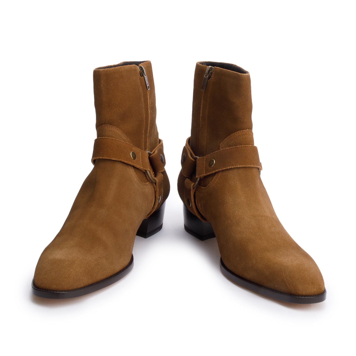 Saint Laurent Brown Suede Wyatt Harnes Ankle Boots, Size 44 w/ Box