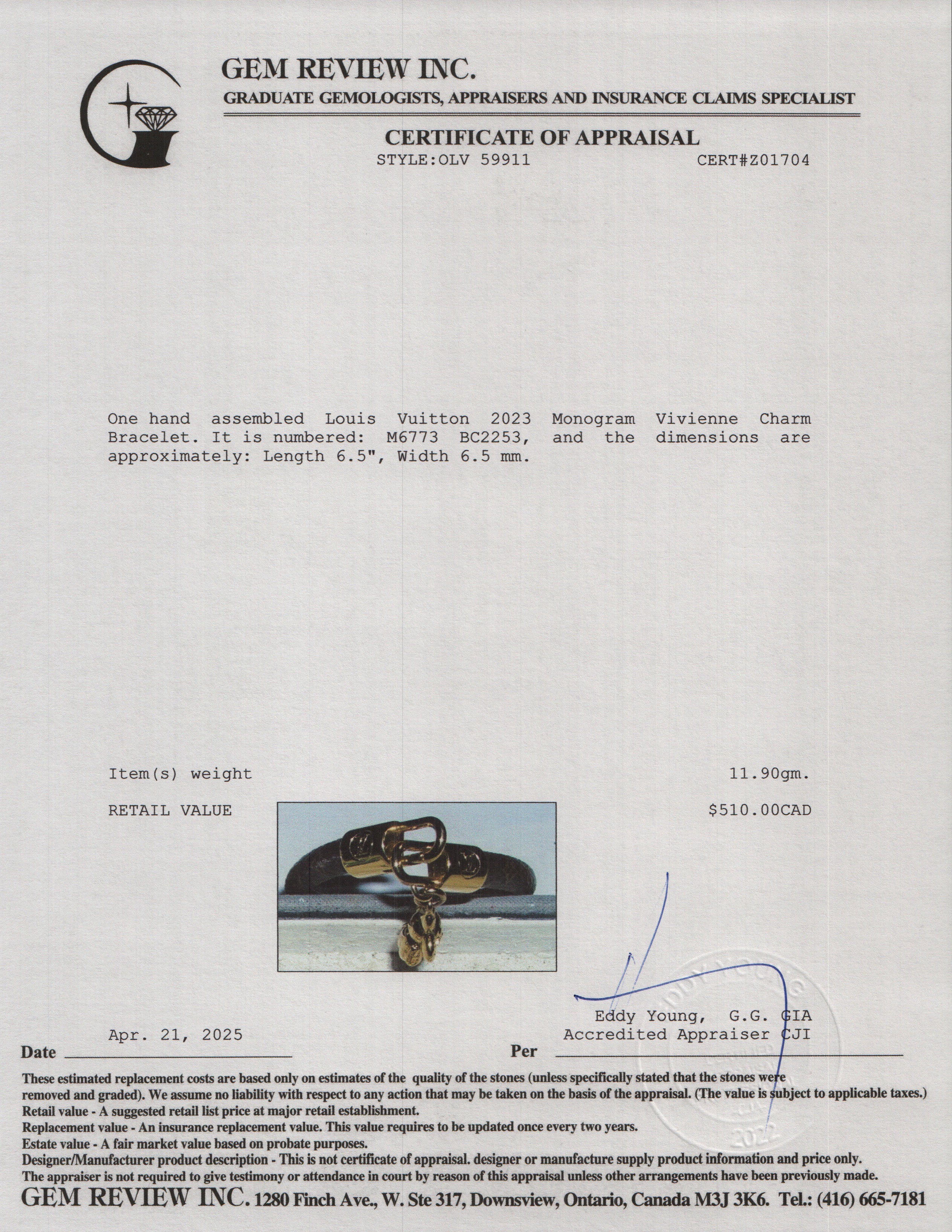 Louis Vuitton 2023 Monogram Vivienne Charm Bracelet w/ Box & Receipt