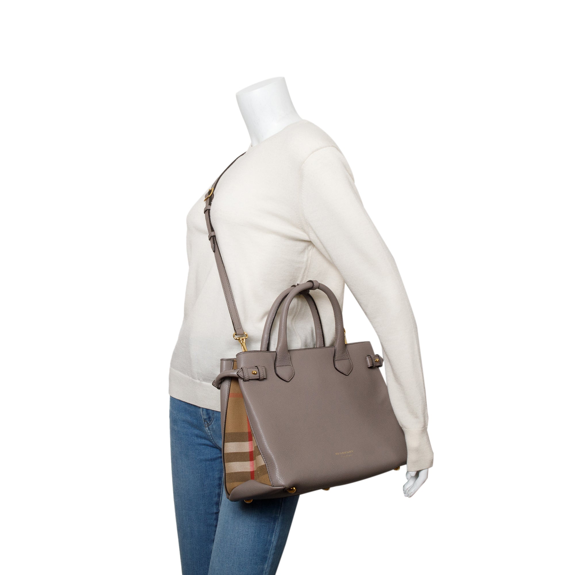 Burberry Grey Calfskin Leather House Check Medium Banner Tote w/ Strap