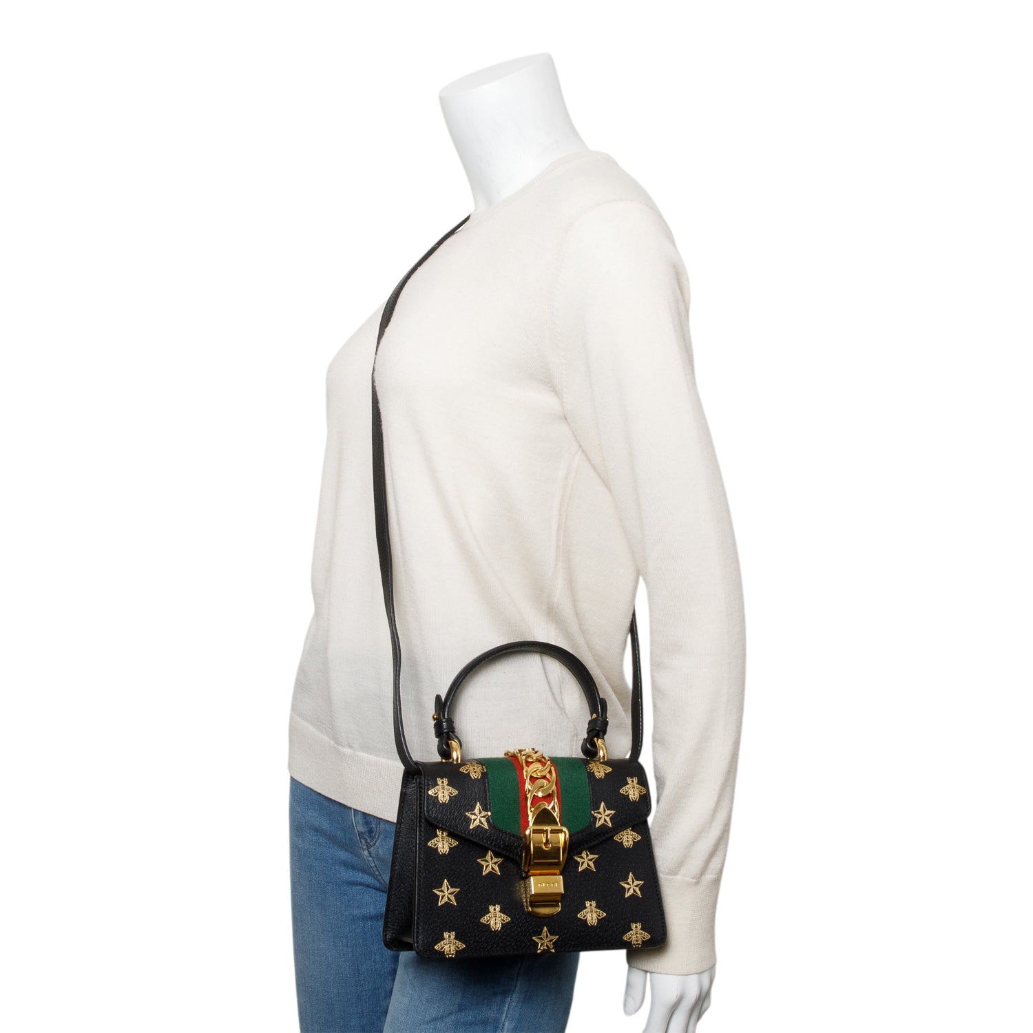 Gucci Black Calfskin Leather Bee Star Mini Top Handle Bag w/ Strap & Box