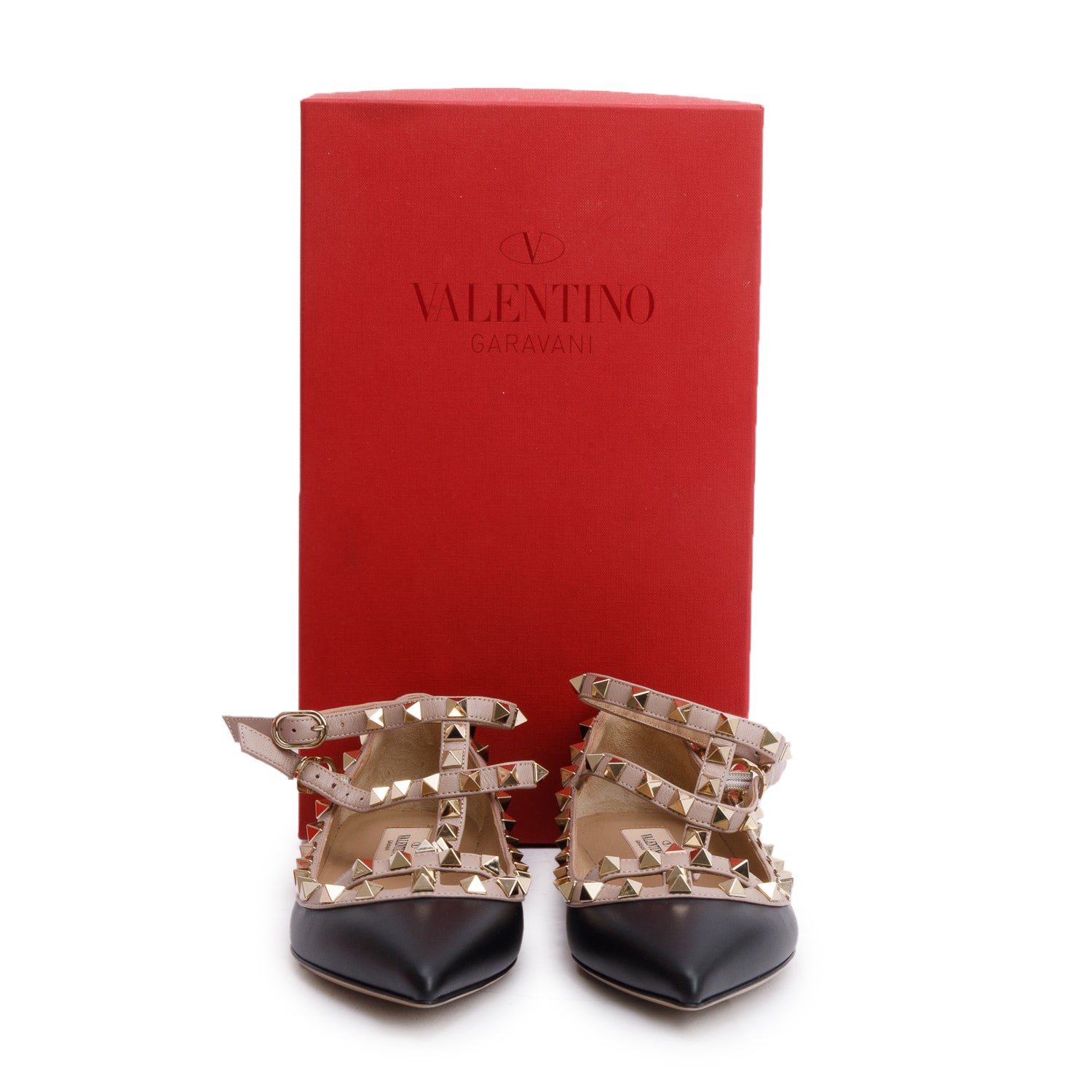 Valentino Blue/Beige Leather Rockstud Ballet Flats, Size 37 w/ Box