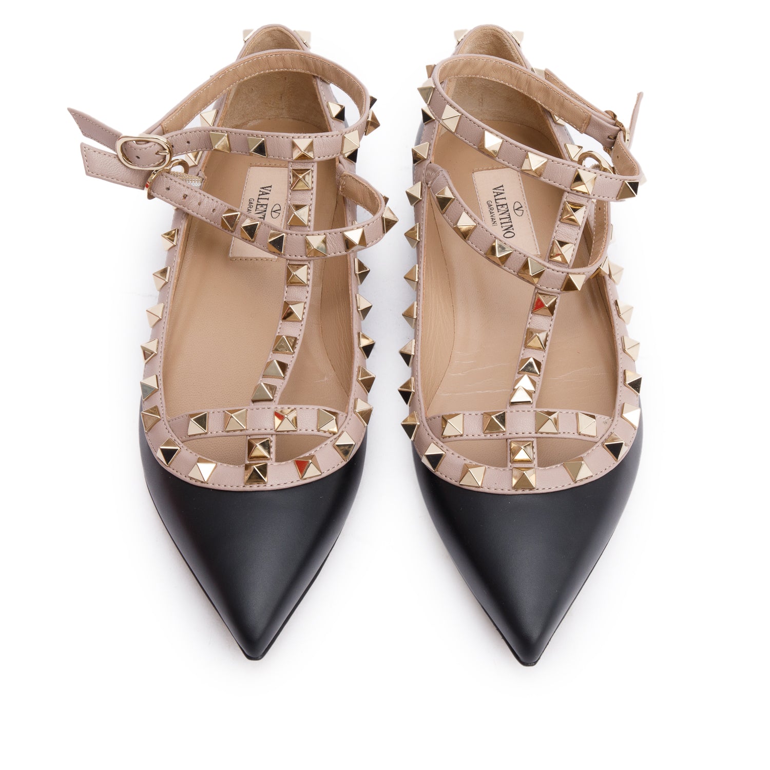 Valentino Blue/Beige Leather Rockstud Ballet Flats, Size 37 w/ Box