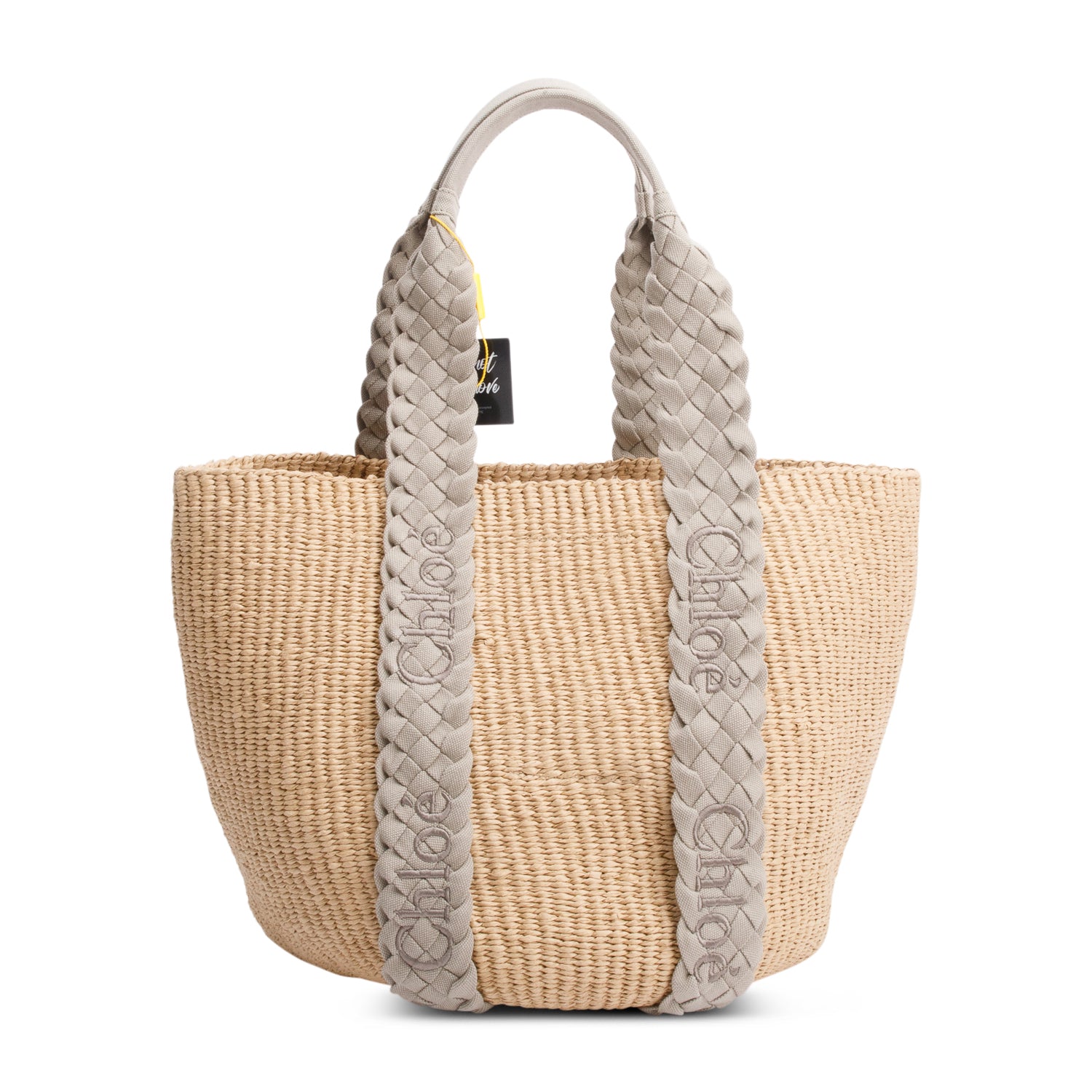 Chloe Brown/Grey Raffia Straw Bucket Tote w/ Authenticity Card
