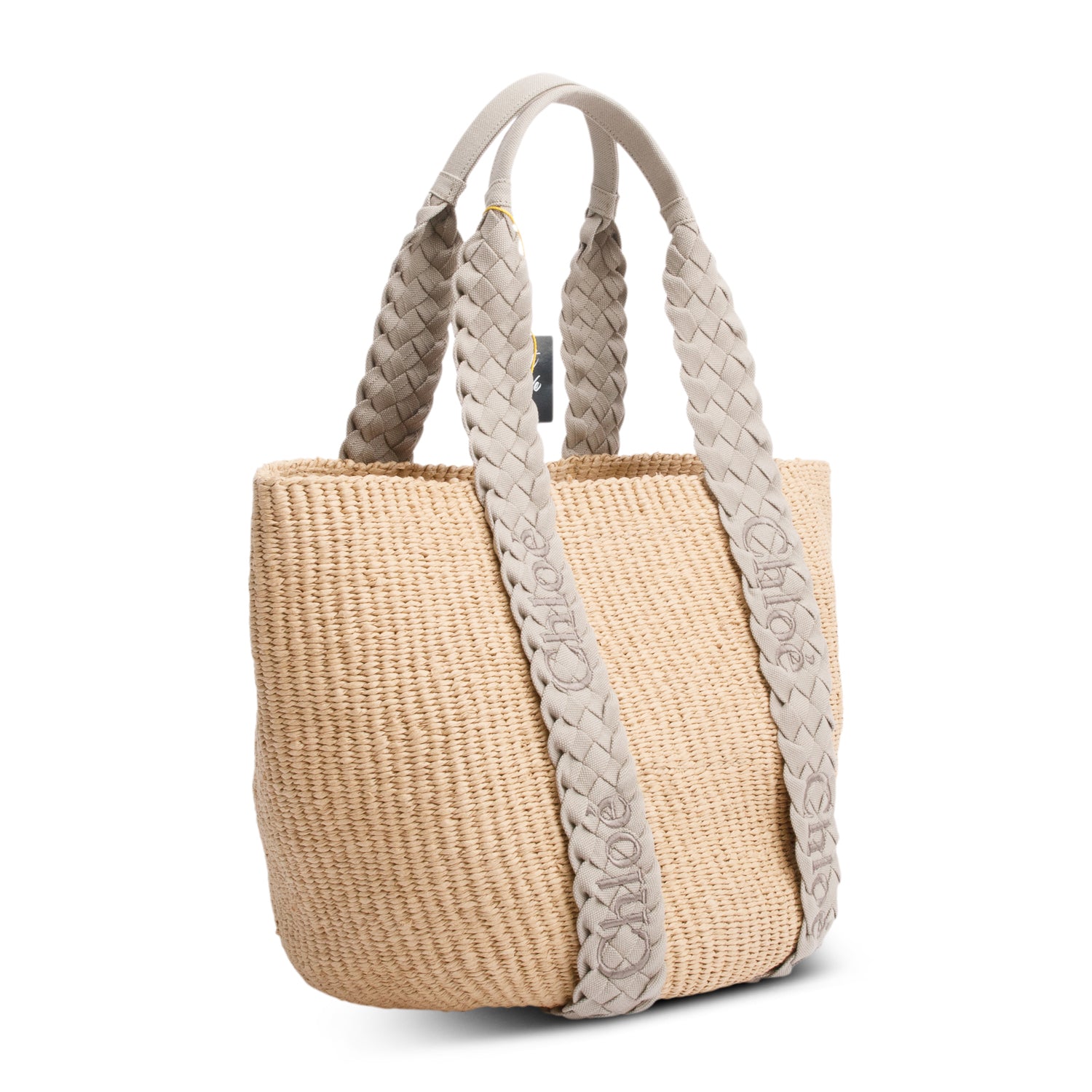 Chloe Brown/Grey Raffia Straw Bucket Tote w/ Authenticity Card