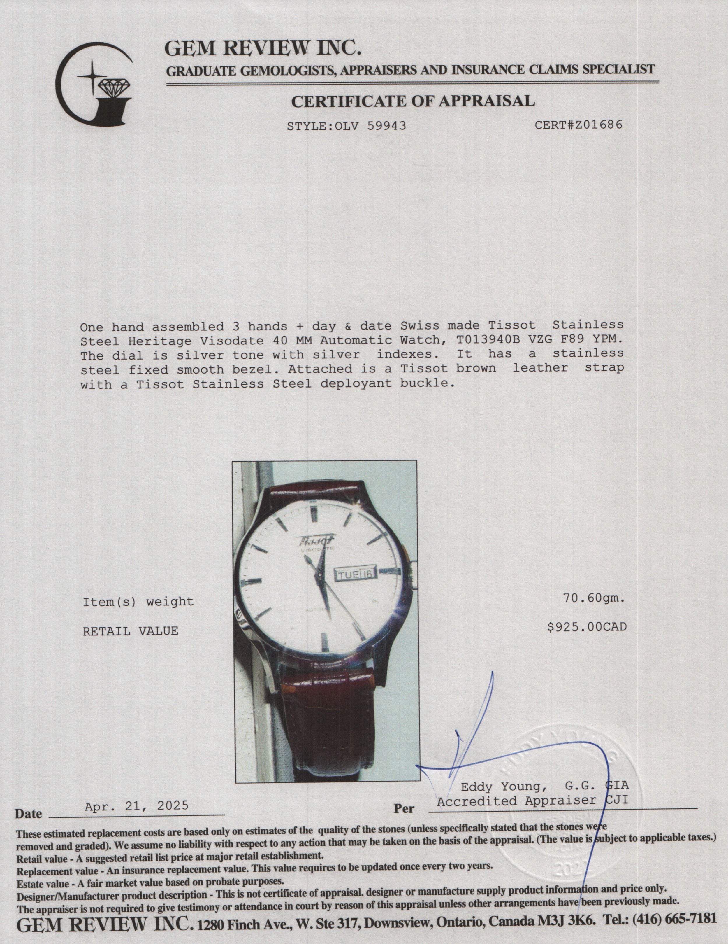 Tissot Stainless Steel Heritage Visodate 40 MM Automatic Watch w/ Box & Papers