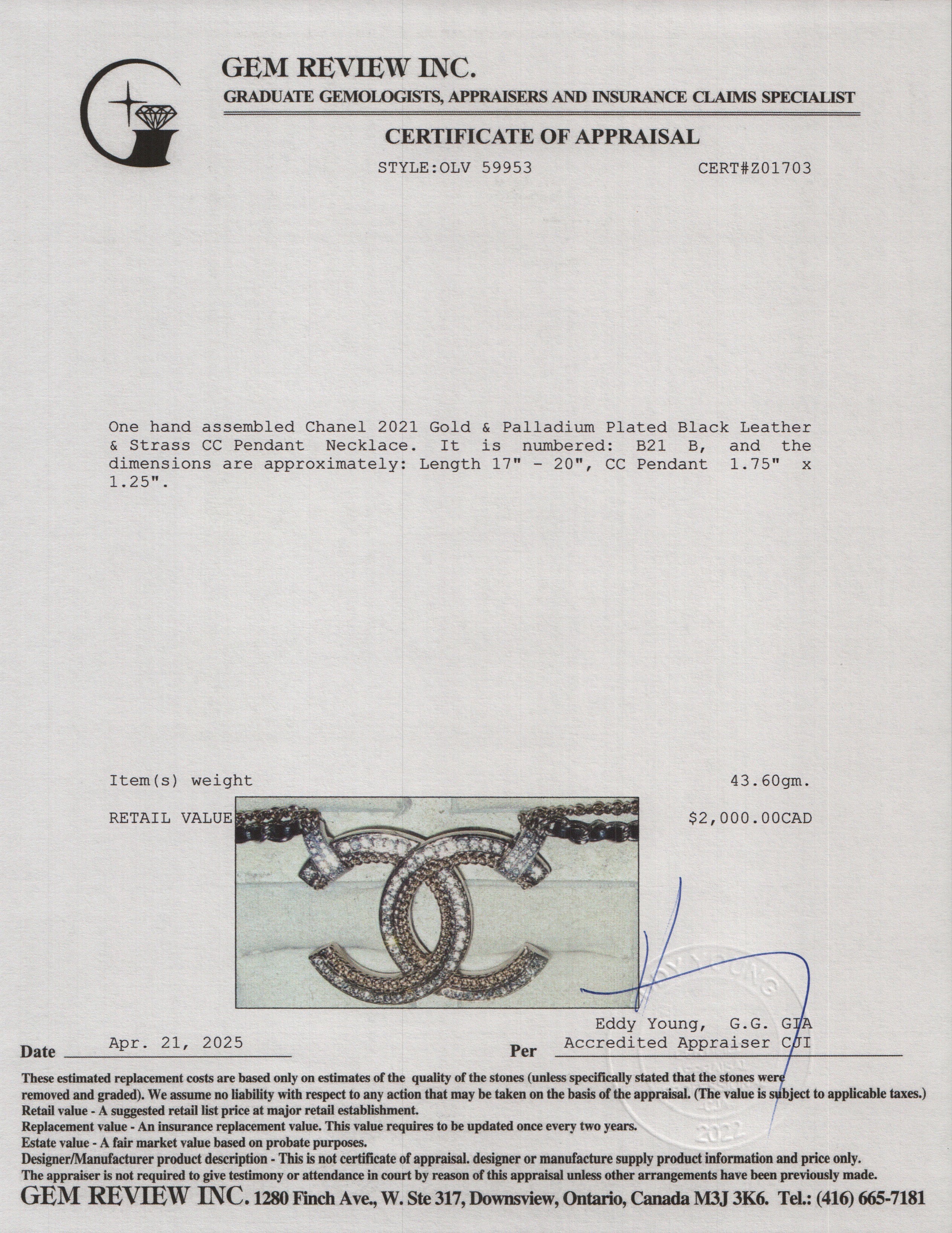 Chanel 2021 Gold & Palladium Plated Black Leather & Strass CC Pendant Necklace