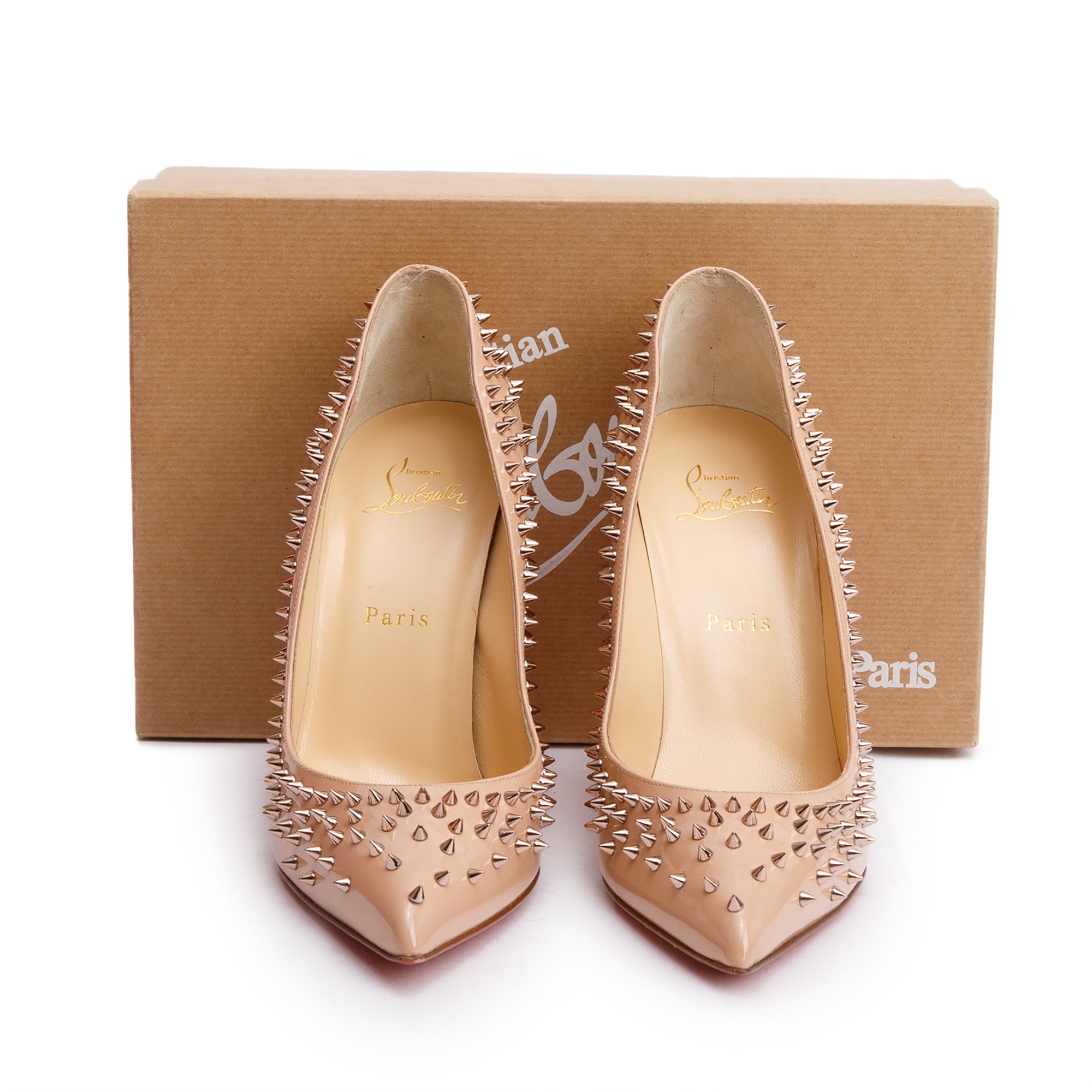 Christian Louboutin Beige Patent Leather Escarpic Spike 100 Pumps, Size 39.5 w/ Box