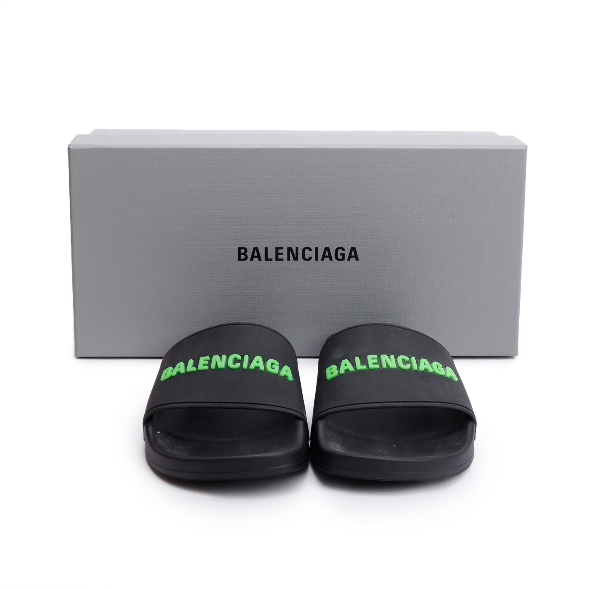 Balenciaga Black Rubber Printed Logo Pool Slide Sandals, Size 37 w/ Box
