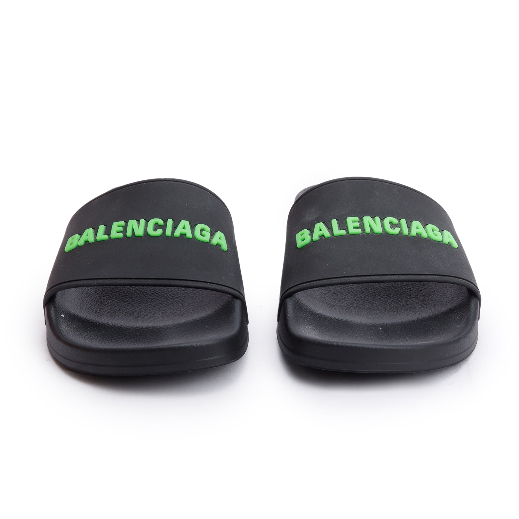 Balenciaga Black Rubber Printed Logo Pool Slide Sandals, Size 37 w/ Box