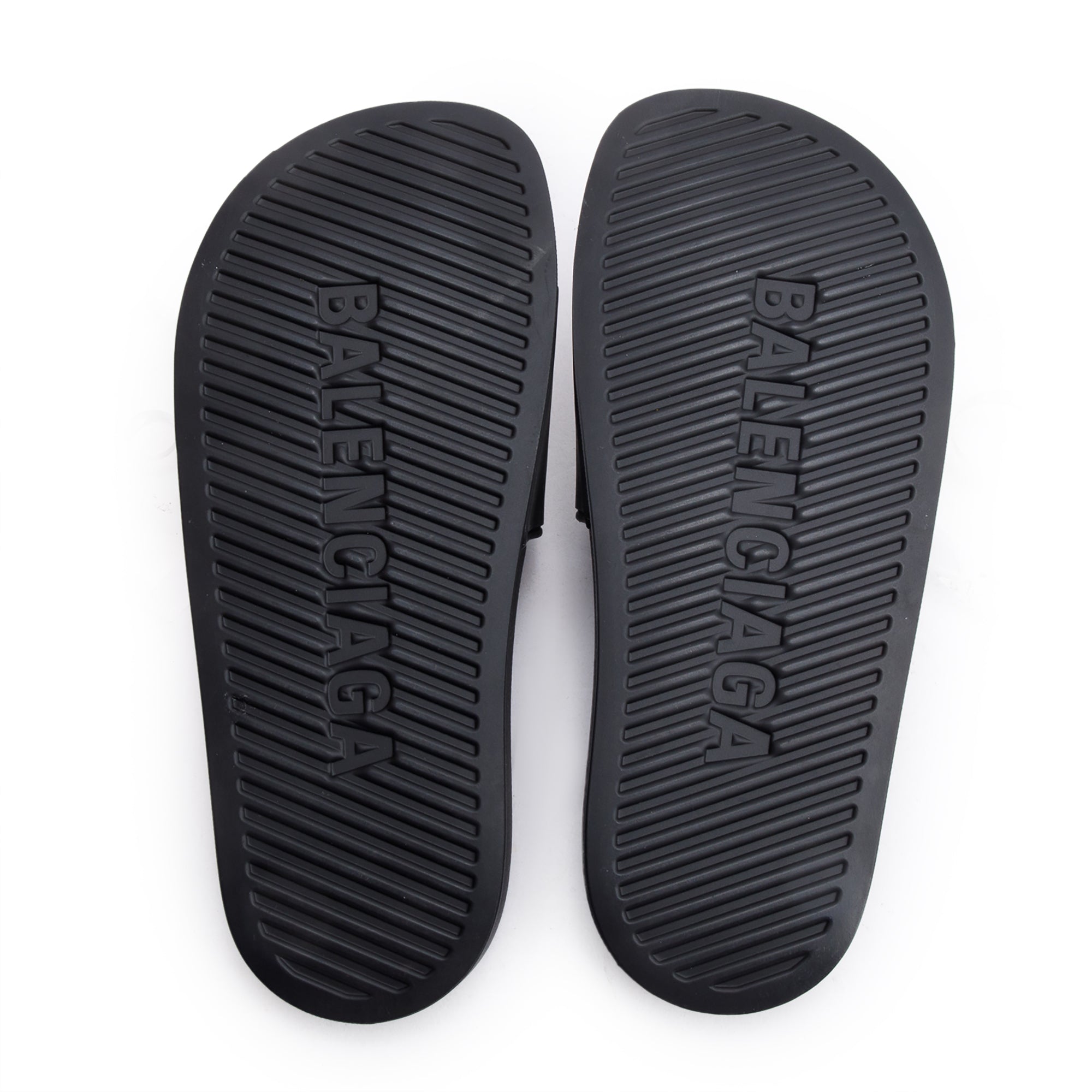 Balenciaga Black Rubber Printed Logo Pool Slide Sandals, Size 37 w/ Box