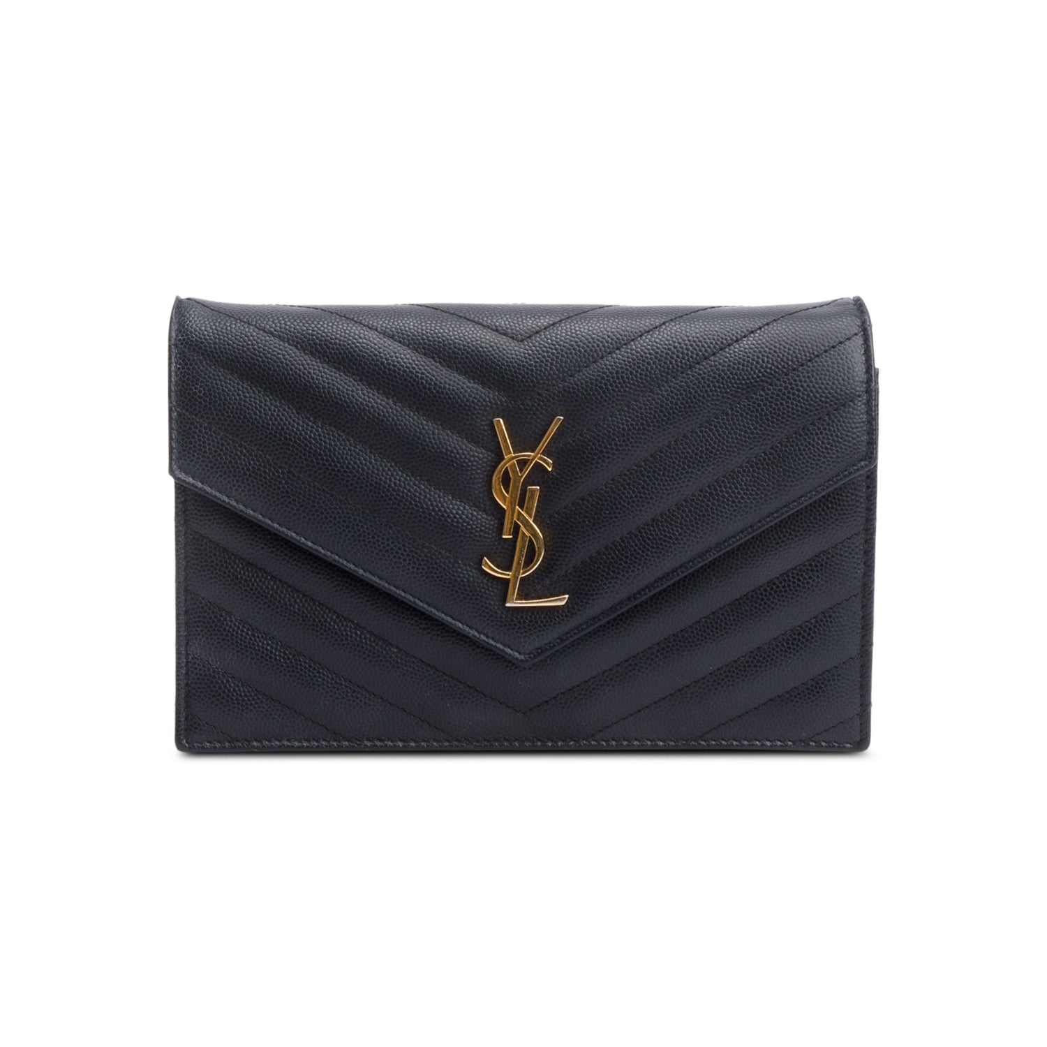 Saint Laurent Black Grain De Poudre Leather Cassandre Envelope Chain Wallet