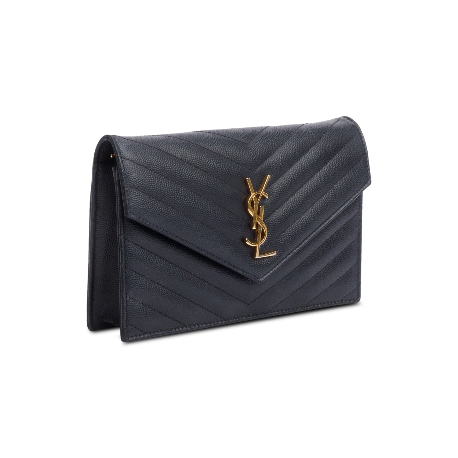 Saint Laurent Black Grain De Poudre Leather Cassandre Envelope Chain Wallet