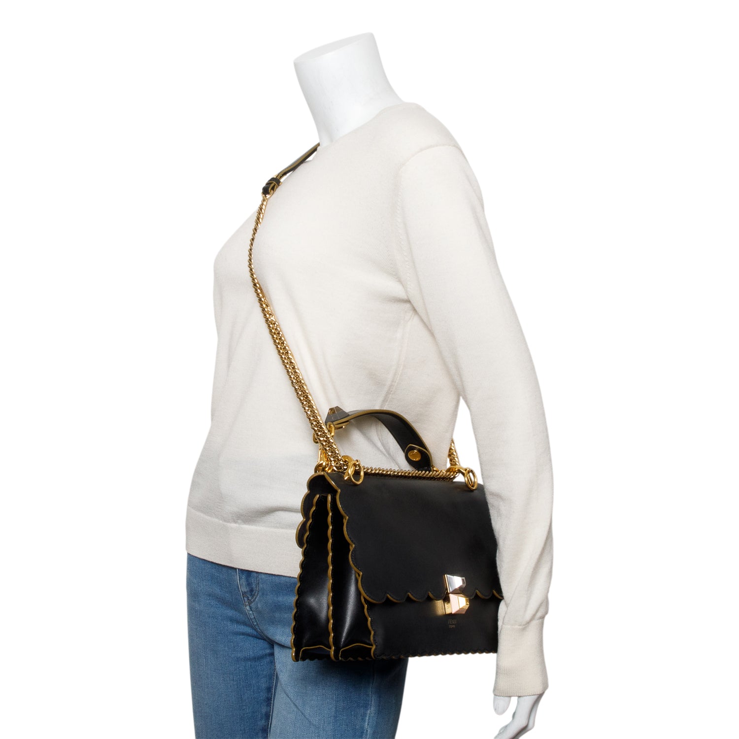 Fendi Black Calfskin Leather Medium Kan I Scallop Shoulder Bag