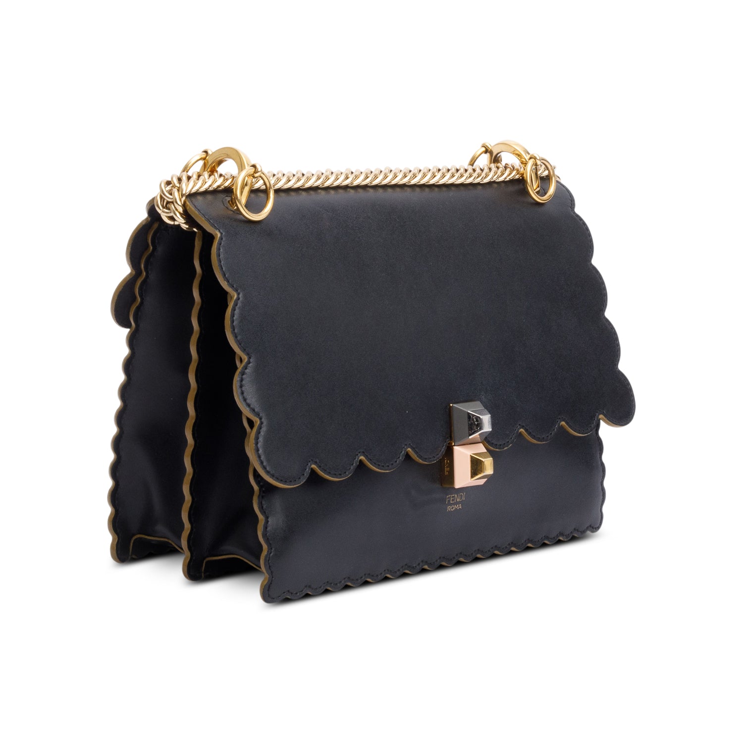 Fendi Black Calfskin Leather Medium Kan I Scallop Shoulder Bag