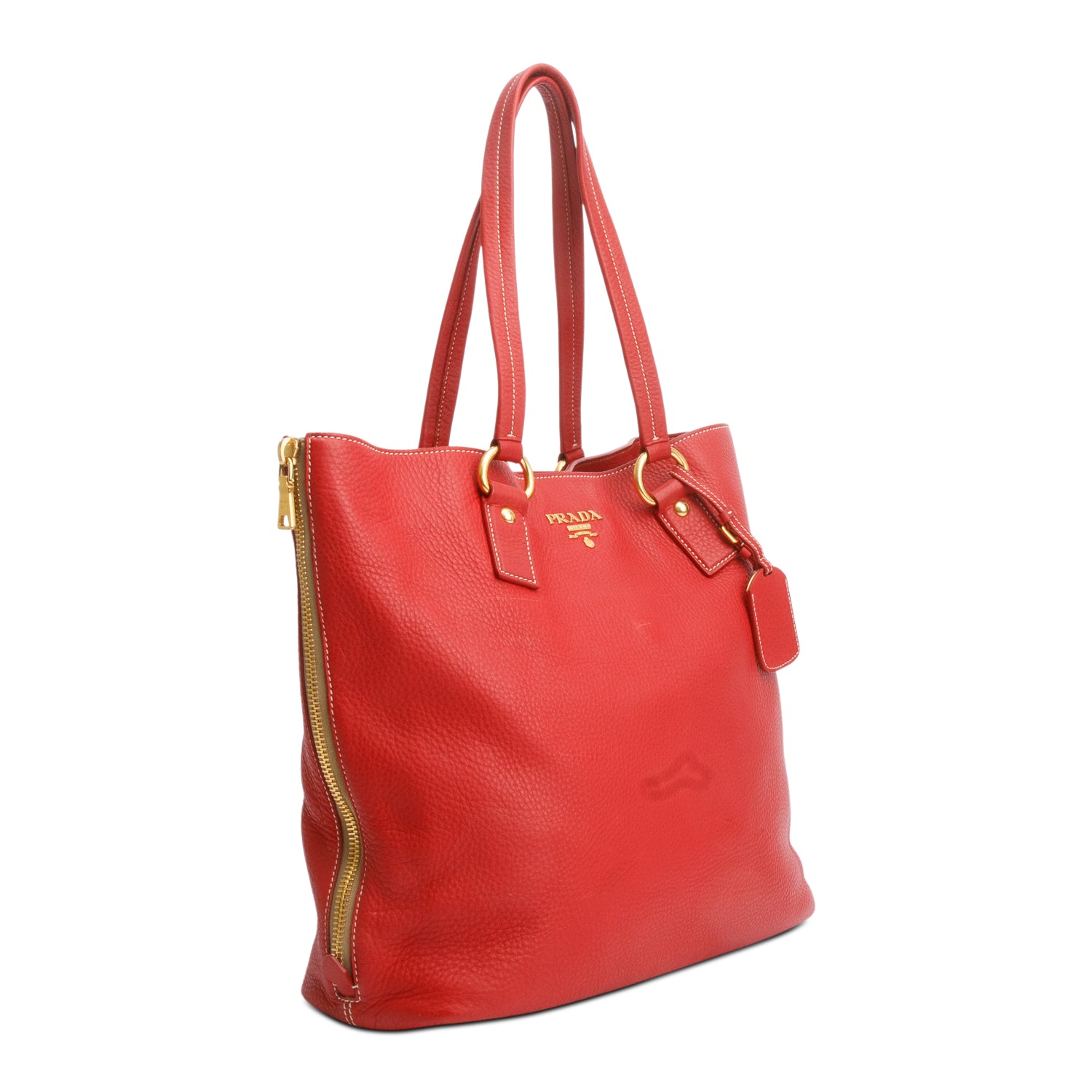 Prada Red Vitello Daino Leather Side Zip Tote w/ Authenticity Card