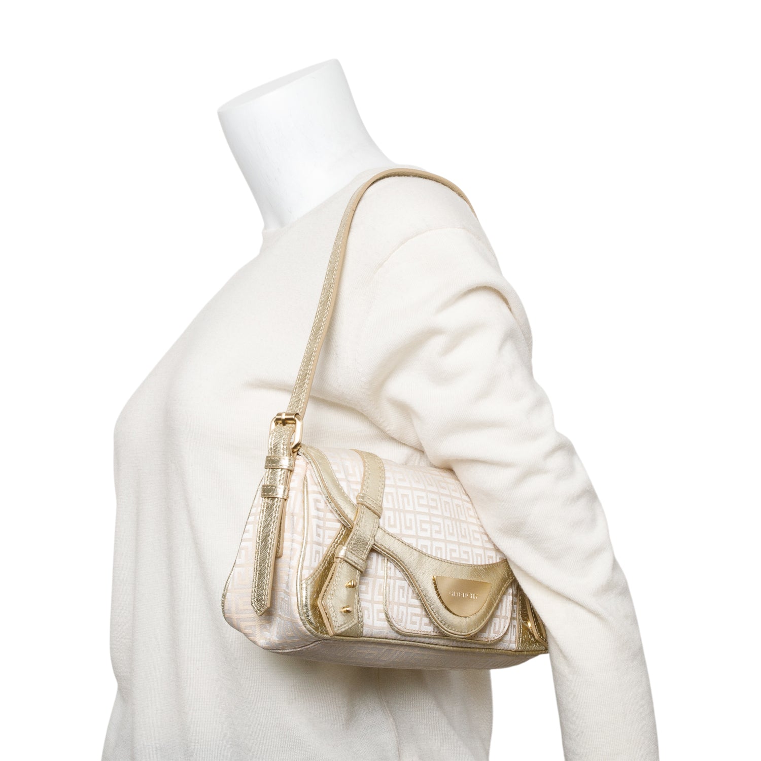 Givenchy Beige G Canvas Gold Leather Trim Baguette Flap Bag