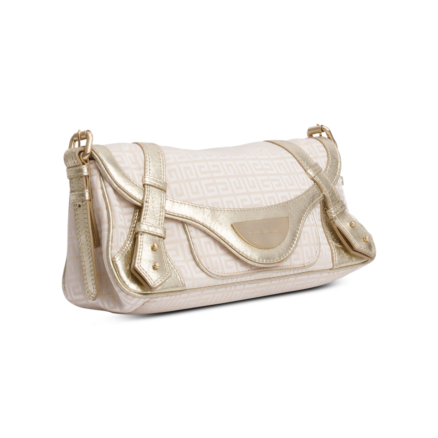 Givenchy Beige G Canvas Gold Leather Trim Baguette Flap Bag