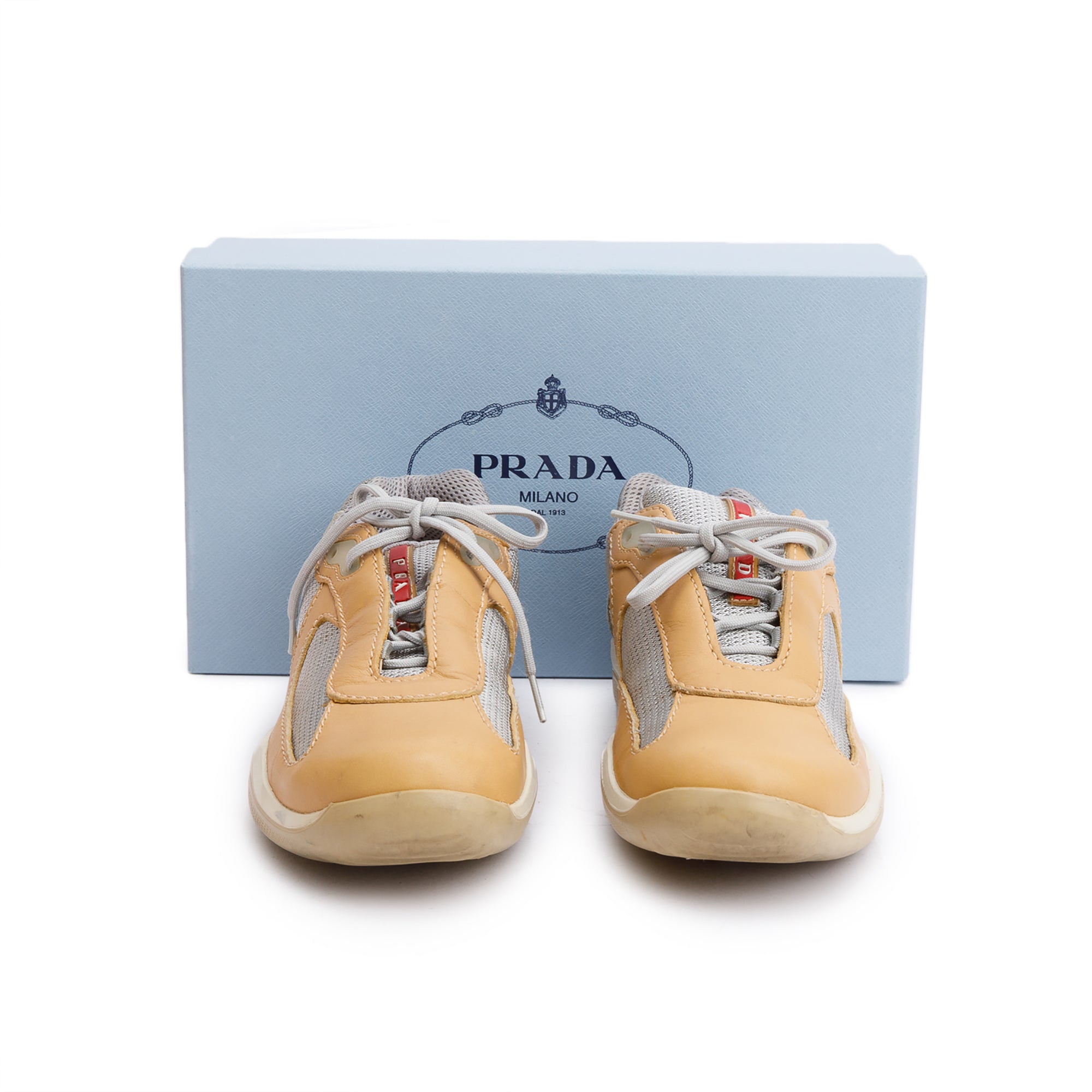 Prada Grey Nylon Beige Leather Linea Rossa Sneakers, Size 40 w/ Box