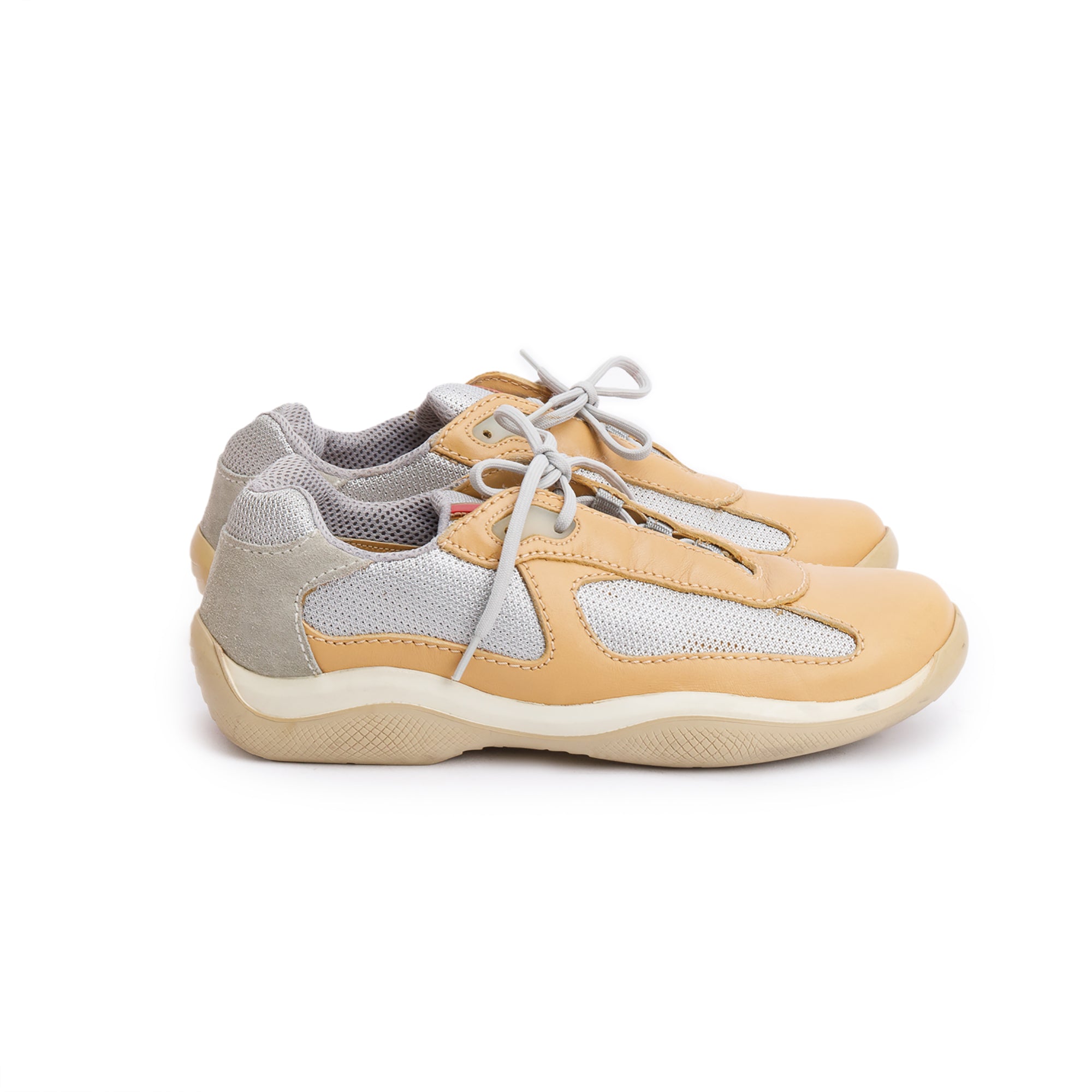 Prada Grey Nylon Beige Leather Linea Rossa Sneakers, Size 40 w/ Box