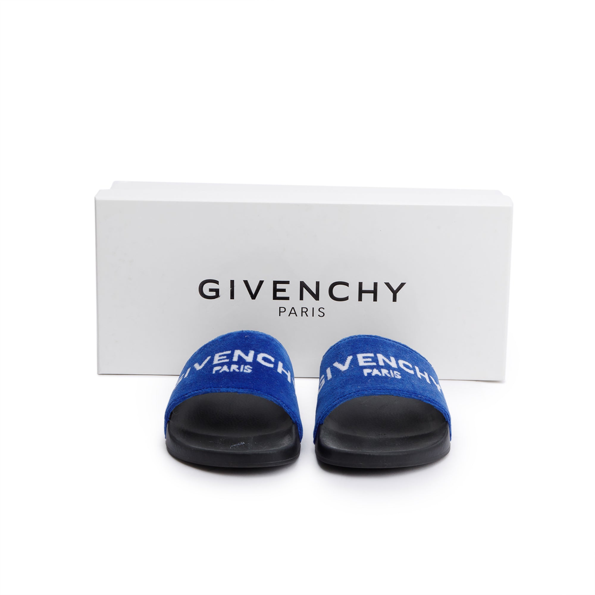 Givenchy Black Rubber Blue Velvet Logo Slides, Size 37 w/ Box