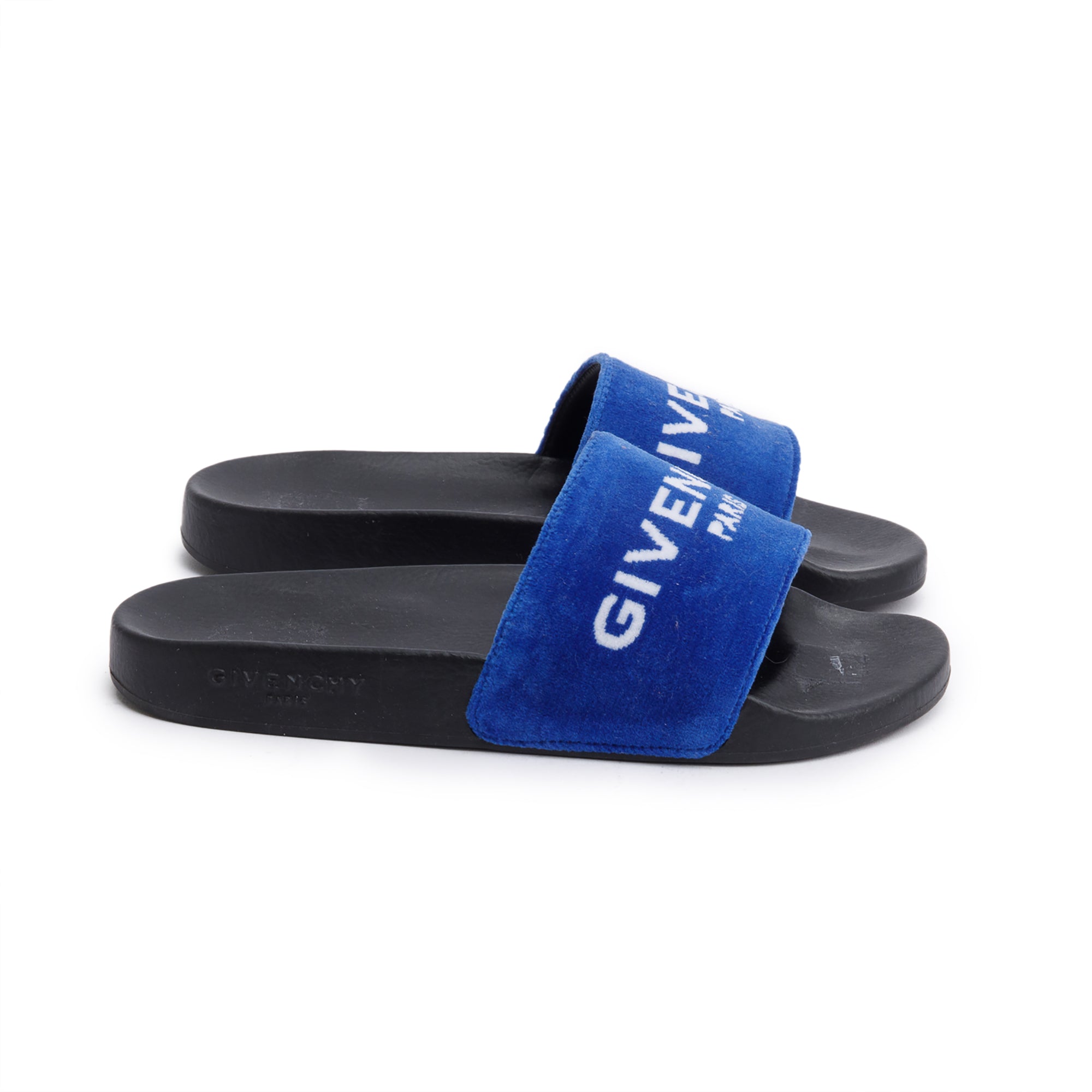 Givenchy Black Rubber Blue Velvet Logo Slides, Size 37 w/ Box