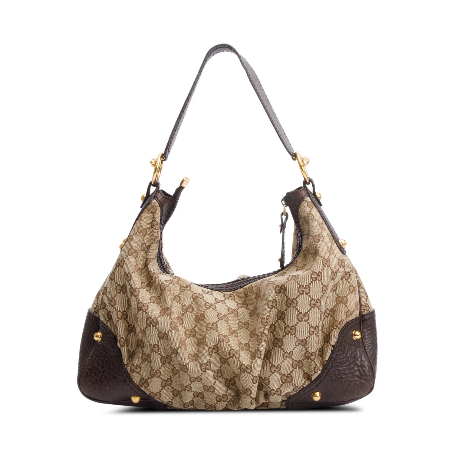 Gucci GG Canvas Brown Leather Trim Medium Jockey Hobo