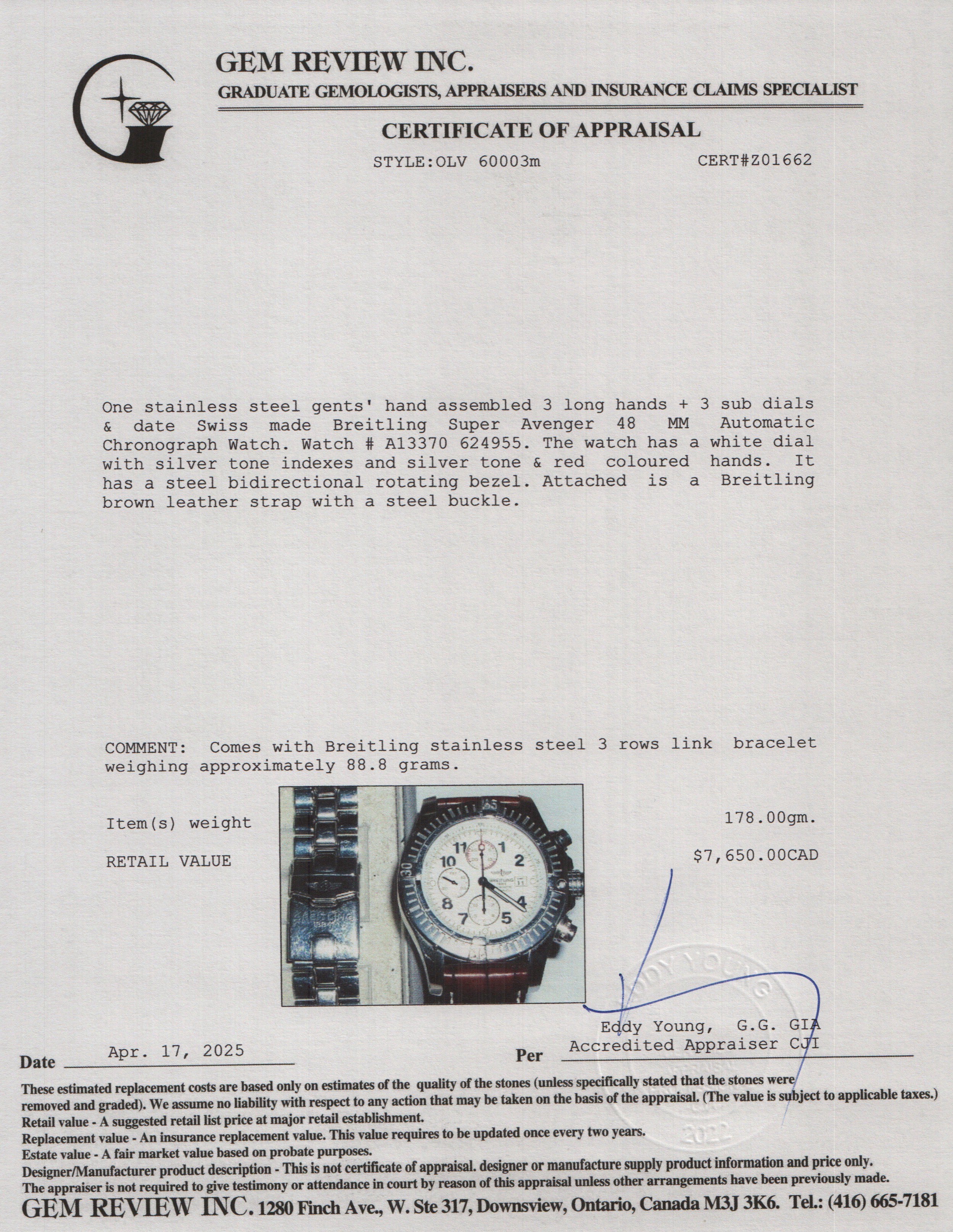 Breitling Stainless Steel Super Avenger 48 MM Automatic Chronograph Watch White Dial A13370 w/ Box, Papers & Extra Strap