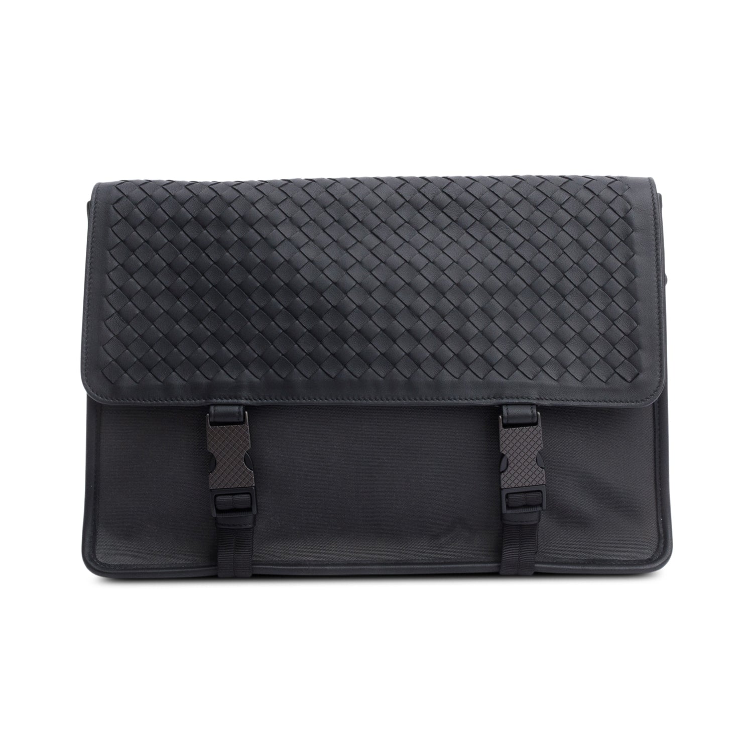 Bottega Veneta  Black Intrecciato Leather Canvas Flap Messenger Bag